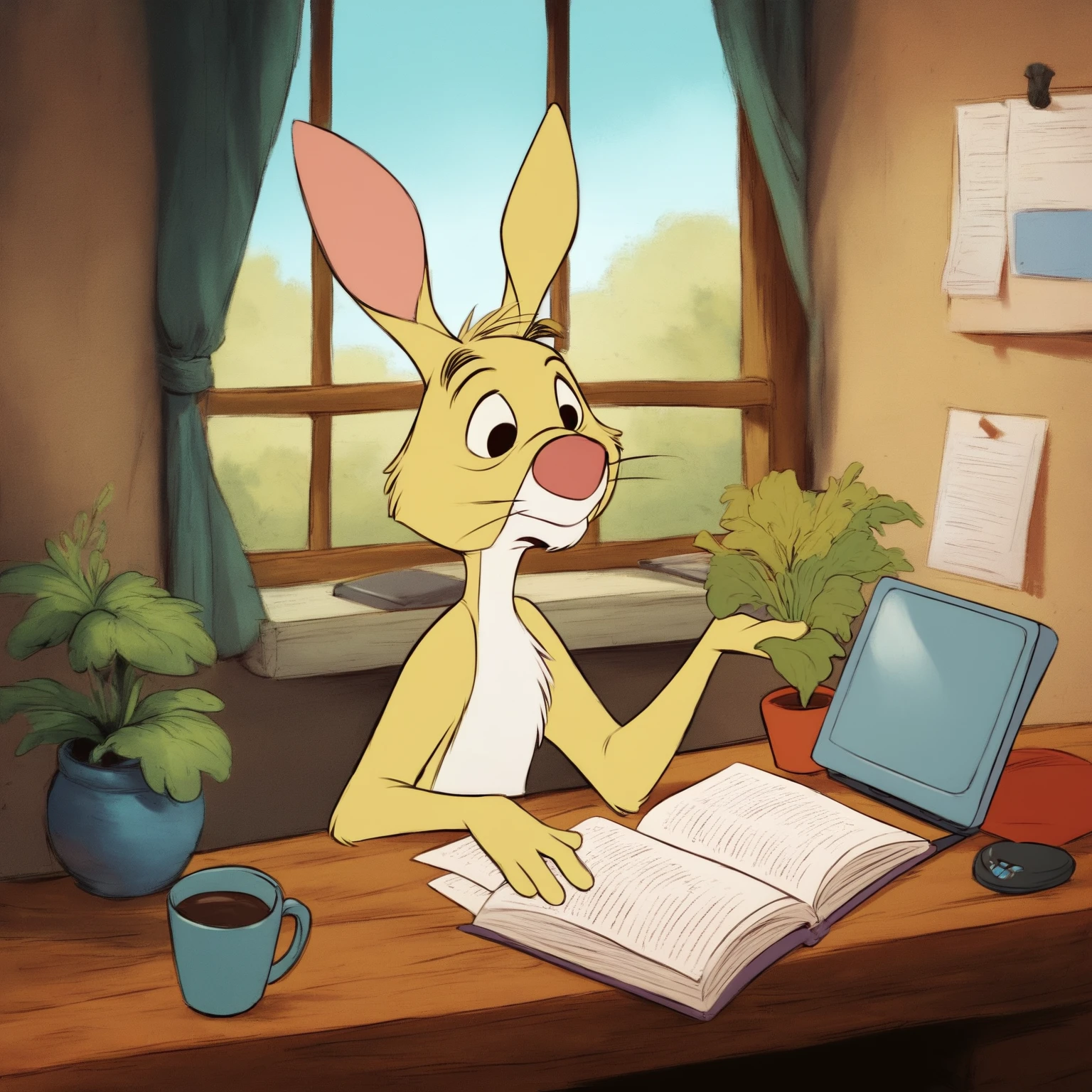 <lora:Rabbit_Pooh:1> rabbitpooh, PonyXLV6_Scores, 1boy, an anthro rabbit sitting at his home office computer, desk, indoors, reading glasses, mug of coffee, outside the window is a beautiful lush spring day, midday, focus, working