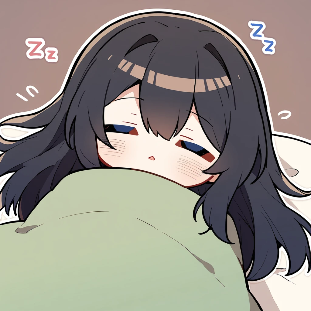 1girl,
solo, chibi, black hair, long hair, blush, blanket, closed eyes, zzz, sleeping
<lora:mki-ani3-style1-000050:1>