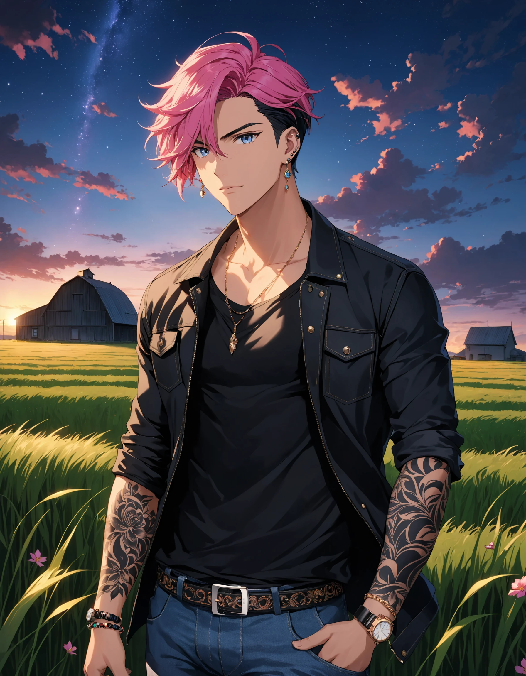 solo, looking at viewer, short hair, blue eyes, shirt, black hair, 1boy, jewelry, closed mouth, standing, jacket, pink hair, purple hair, male focus, cowboy shot, earrings, outdoors, farmland, grassland, open clothes, sky, belt, pants, cloud, bracelet, streaked hair, black jacket, black shirt, tattoo, night, floral print, denim, building, night sky, watch, jeans, wristwatch, arm tattoo, cinematic angle, cinematic lighting, masterpiece, official art