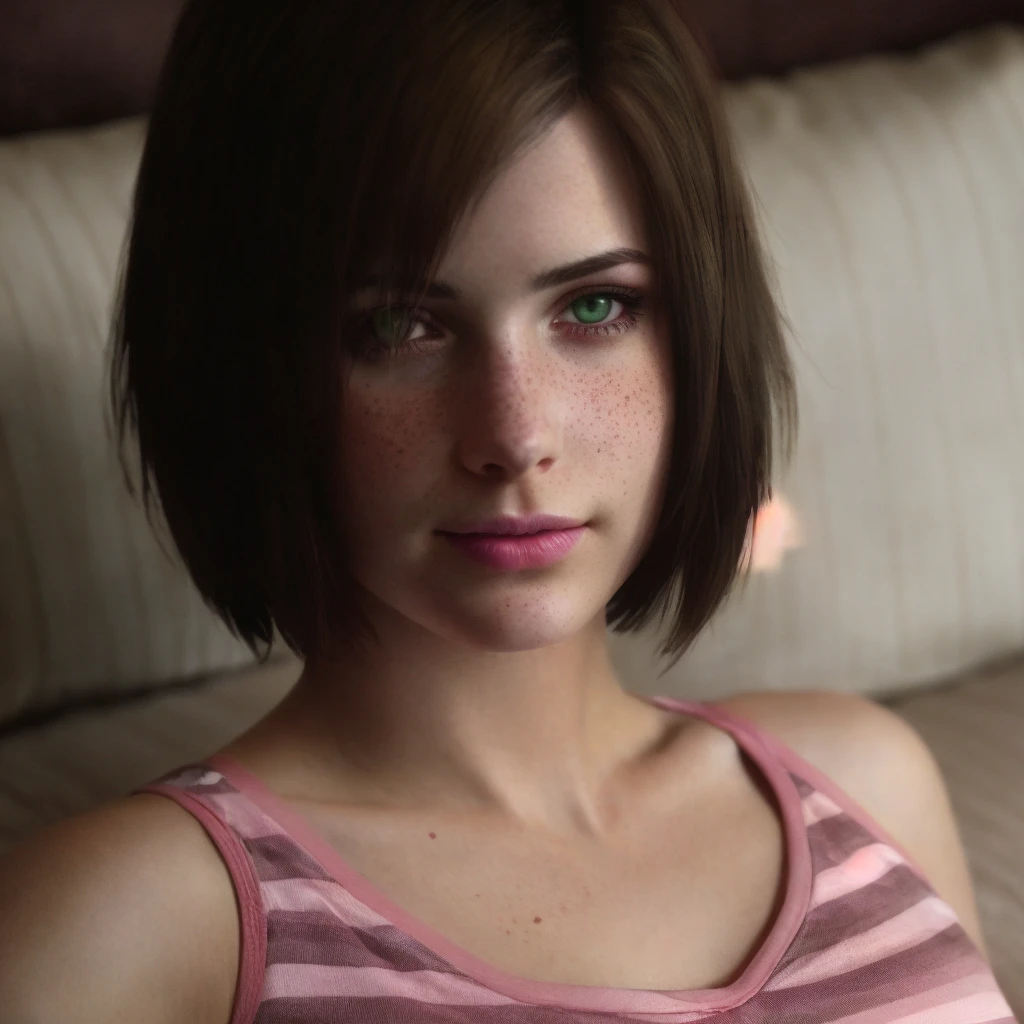 SH4EileenGalvin, top with pink stripes, short hair, young adult, 1girl, green eyes, brown hair, closeup, intricate details,  natural skin pores, freckles, mole under mouth, cinematic, dark shot, muted colors, film grainy, soothing tones, muted colors, sitting on the bed, <lora:SH4_EileenGalvin_by_vinrax:1>