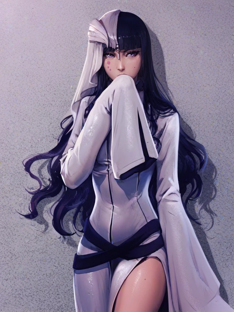 score_9, score_8_up, score_7_up, masterpiece, high quality, cyan sung-sun, blood war outfit, 1girl, long black hair, three pink dots below her right eye, purple eyes, fabric over the right side of her head, fabric over the right side of her shoulder, three hair clip with pendant on the right side her bangs, fur around neck, long white dress with long slit, covering mouth, legs, two criss-crossing belts, long sleeves, bangs, <lora:StS_detail_slider_v1:1.0> <lora:Cyan Sung-Sun (Bleach) SDXL_epoch_7:1.0>