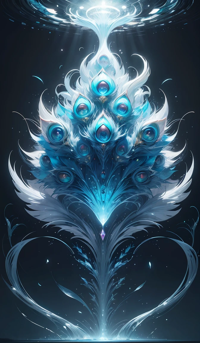 symmetrical insect rorschach test, peacock. intricate, centered, amazing composition by amano yoshitaka, by rembrandt, illustrious makinami, digital art, digital painting, artstation trending, unreal engine, fractal flame, transparent jellyfish, transparent feathers, bio luminescent, ice, water