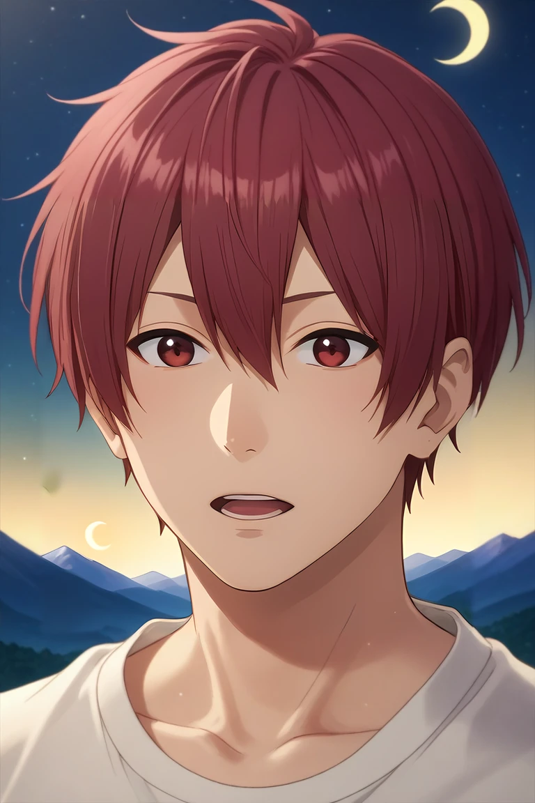 score_9, score_8_up, score_7_up, source_anime, rating_safe, intricate details, (realistic:0.6), , , 1boy, solo, male focus, <lora:souma_shiki_pony:0.74>, souma_shiki, red hair, red eyes, short hair, hair between eyes, bangs, close-up, mountain, night, crescent moon, dancing, open mouth, easter costume, <lora:sdxl_lightning_8step_lora:1>