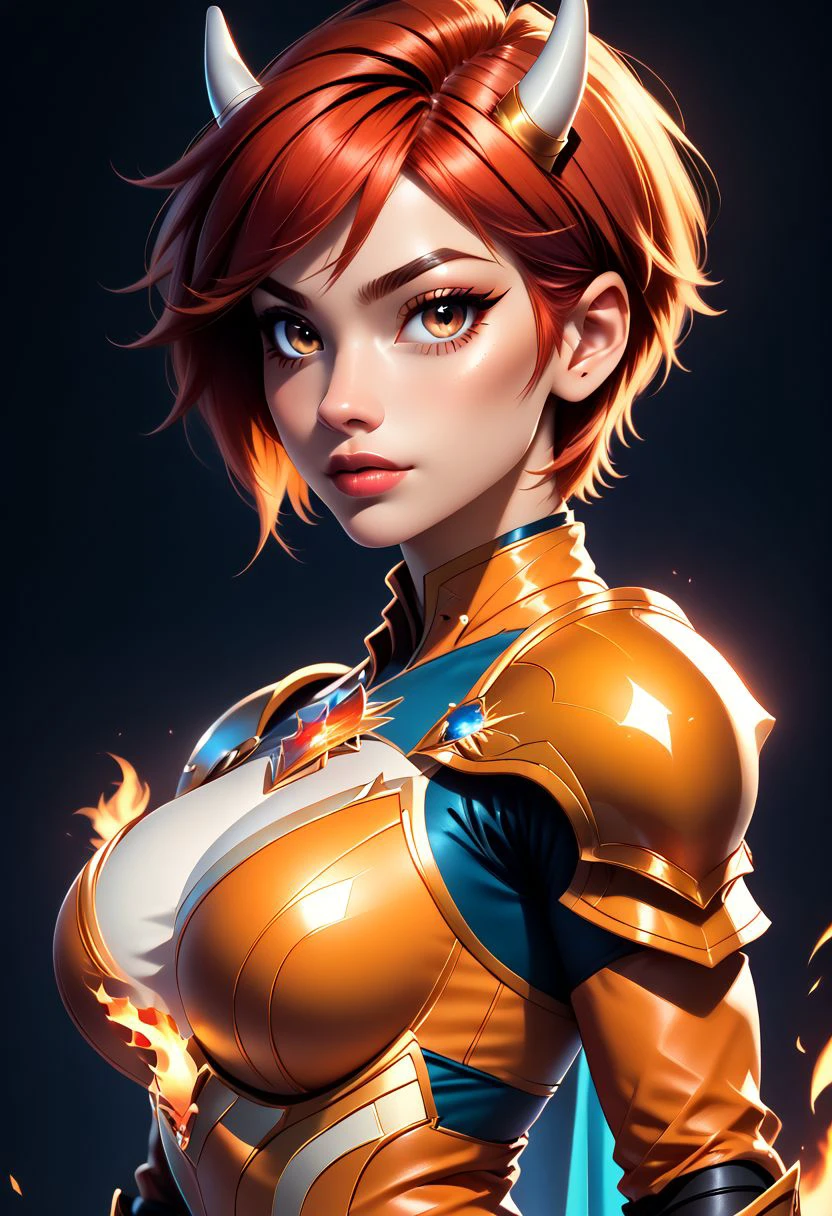 score_9, score_8_up, score_7_up, score_6_up, score_5_up, score_4_up score_9,score_8_up, digital art, upper body shot, realistic 3D illustration, 
BREAK, 
Charizard, horns, red hair, short hair, orange armor, breastplate, gauntlets, shoulder armor, fire,
BREAK, 
soft lighting, contemplative expression, dark background, subtle makeup, high-resolution, detailed texture, emotional depth, dramatic mood, side profile, serene atmosphere, cinematic lighting. perfectly round breasts, big breasts, firm breasts, SkinHairDetail, eye contact, looking at viewer,