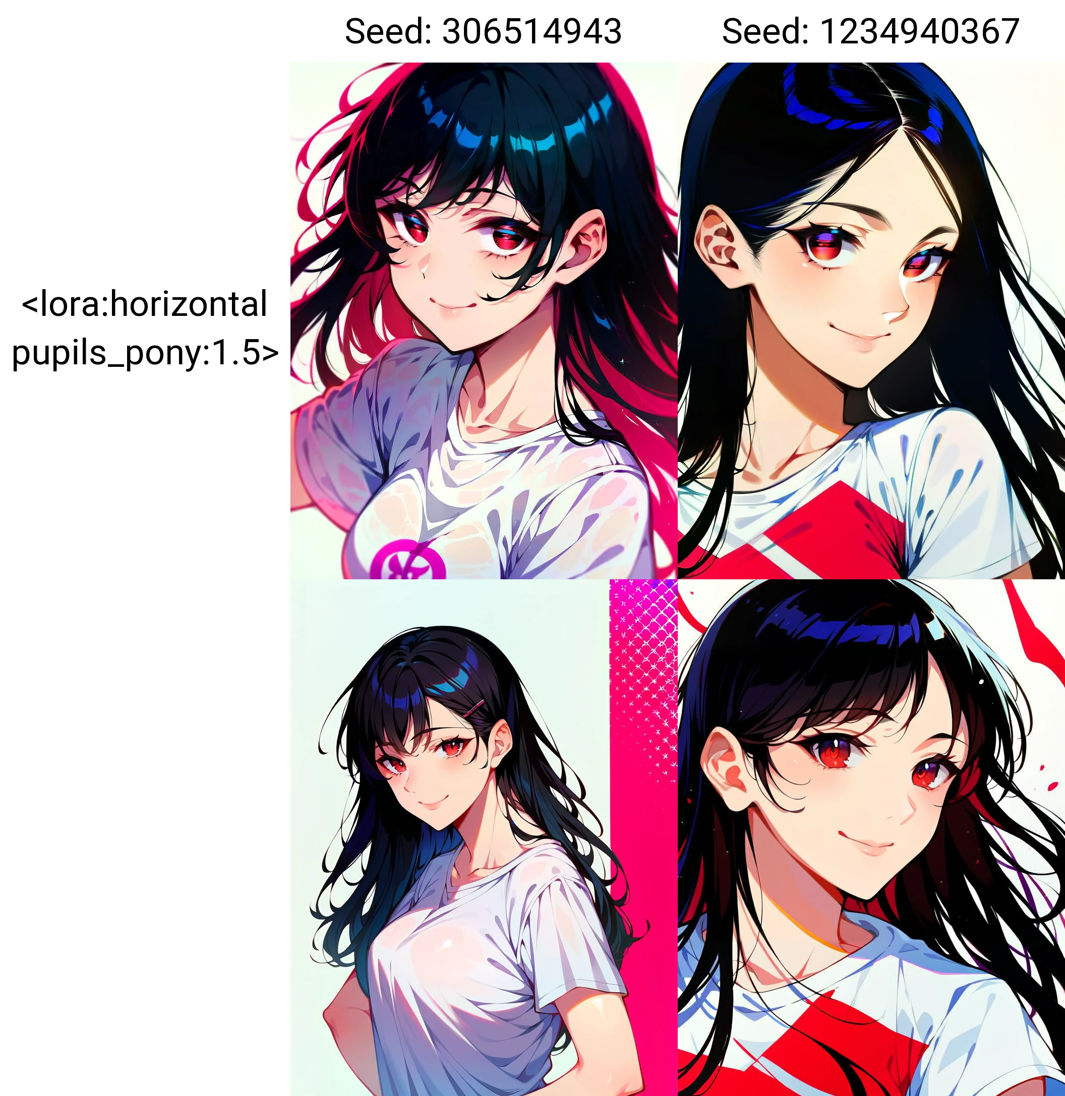 score_9, score_8_up, score_7_up,masterpiece, best quality, absurdres, unity 8k wallpaper, source_anime, ultra delicate hair,
1girl,solo,white background, simple background,
looking at viewer, upper body,
long hair, black hair,
closed mouth, smile,red eyes,
<lora:horizontal pupils_pony:1.5>,
white shirt, t-shirt,