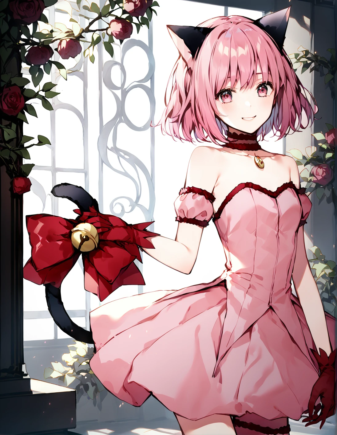 score_9, score_8_up, score_7_up, best quality, masterpiece, 4k, uncensored, prefect lighting, rating_explicit, very aesthetic, anime ,absurdres ,zPDXL, zPDXLpg,1girl, solo, <lora:sdxl-lyco-mew_ichigo-original-ponyDiffusionV6XL-v1:1>, mew_ichigo, tail bow, gloves, cat tail, red gloves, tail bell, choker, detached sleeves,pink dress, strapless, relaxed posture, elbows extended, standing, ,,smile, best quality, very aesthetic, ultra-detailed, intricate details, 4k,BREAK in a stairwell