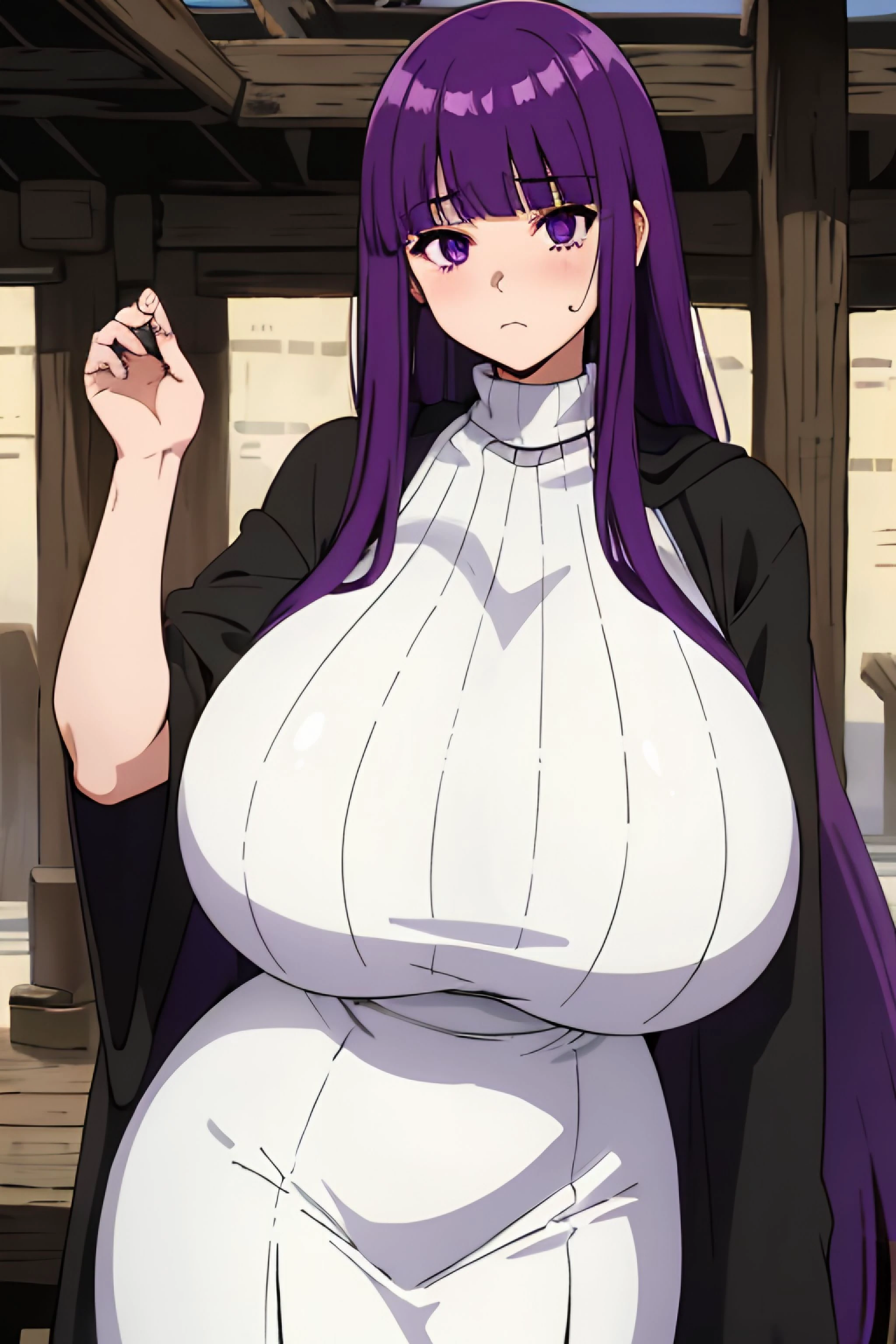 NSFW, (masterpiece, best quality:1.2), anime style, 8k, hd, 1girl, solo, full body, big boobs, hips, thick thighs, (grab the boobs:1.4), (portrait:1.2), hood, yellow eyes, smile, long hair, blue hair, white cloak, hair between eyes, open clothes