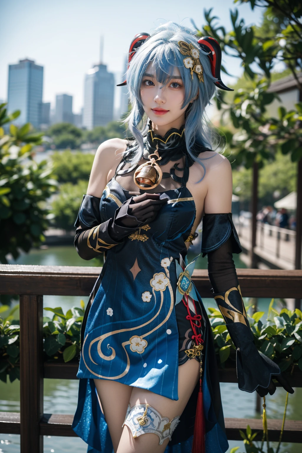best quality,masterpiece,realistic,photorealistic,1girl,solo,looking at viewer,smile,standing,cowboy shot,ganyu cosplay costume,ganyu,genshin impact,cosplay,alternate costume,blue hair,long hair,horns,hair ornament,hair between eyes,dress,blue dress,china dress,sleeveless dress,bare shoulders,detached sleeves,gloves,elbow gloves,thigh strap,bell,china garden,flower,plant,tree,water,<lora:Genshin_Ganyu_Lantern_Rite_cosplay_v1:0.7>,