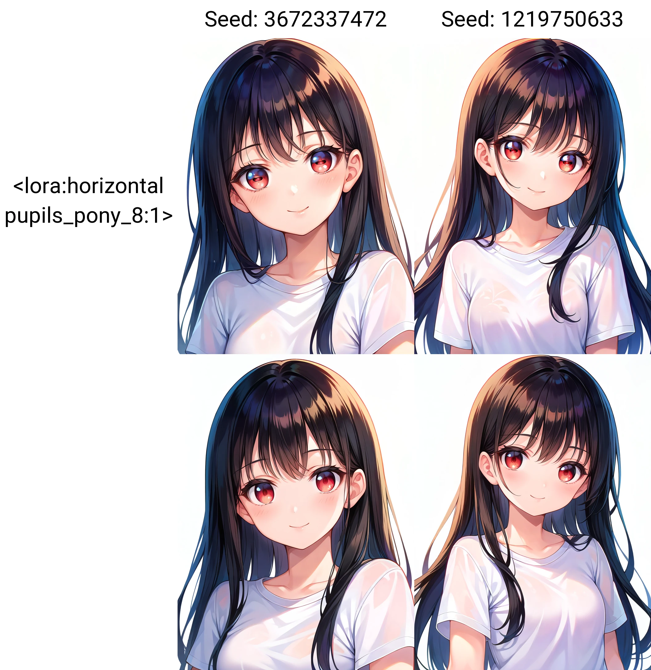 score_9, score_8_up, score_7_up, masterpiece, best quality, absurdres, 8k wallpaper, source_anime, uncensored,
1girl,solo,white background, simple background,
looking at viewer, upper body,
long hair, black hair,
closed mouth, smile,red eyes,
<lora:horizontal pupils_pony_8:1>,
white shirt, t-shirt,