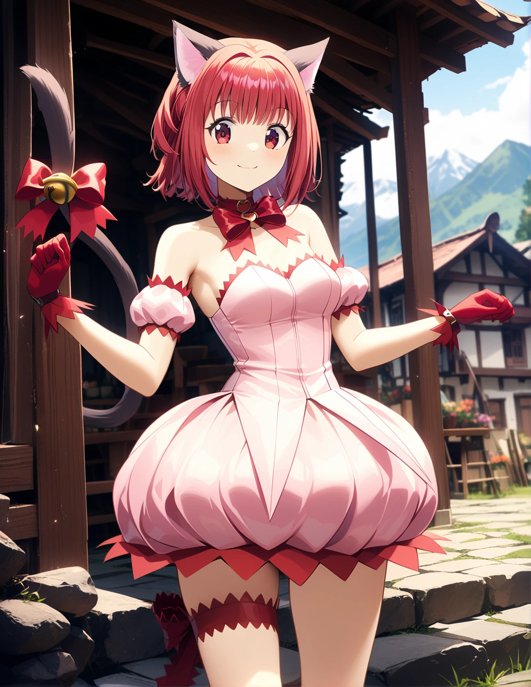 1girl, solo, <lora:sdxl-lyco-mew_ichigo-remake-animagine_xl_3_1-AdamW8bit-v3-1-1:1:lbw=0,0,0,0,0,0,0,0,1,1,0,0,0,0,1,1,1,0,0,0,0,0,0,0,0,0>, mew_ichigo_remake, tail bow, gloves, cat tail, red gloves, tail bell, choker, detached sleeves,pink dress, strapless, relaxed posture, elbows extended, standing, ,,smile, best quality, very aesthetic, ultra-detailed, intricate details, 4k,BREAK in a village