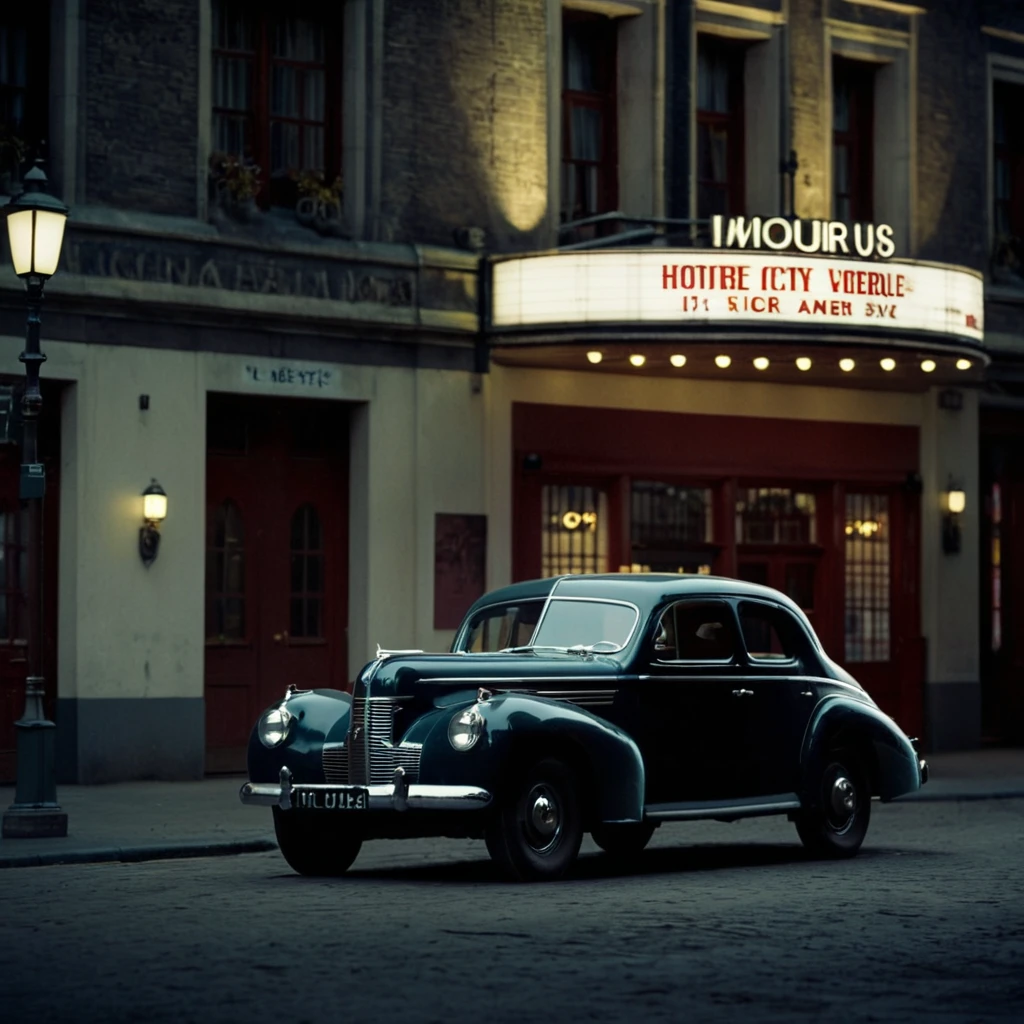 cinematic film still of <lora:detailed:0.2> 
<lora:perfection style:0.2>
<lora:Ron Fricke style:0.1>
 <lora:Inglourious Basterds film style:0.9>
a classic movie theater with a car parked in front of it,outdoors,english text,no humans,night,ground vehicle,building,scenery,motor vehicle,city,sign,car,road,lamppost,street , 1940's, Inglourious Basterds film style, shallow depth of field, vignette, highly detailed, high budget, bokeh, cinemascope, moody, epic, gorgeous, film grain, grainy