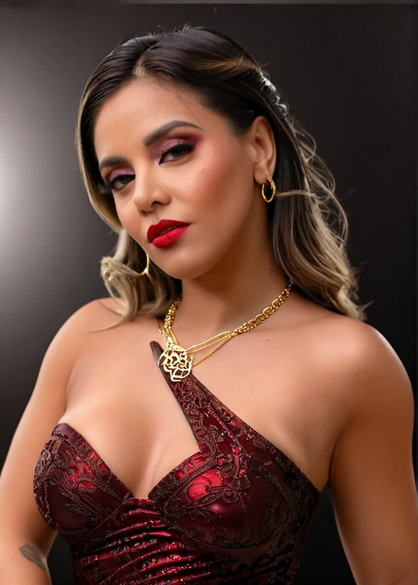 glamorous photo of a captivating masterpiece of an woman in a neckholder dress, necklace, jewelry, earrings, half body, The intricate lace and gold details exude a very rebellious aura. ((The use of high-shine gloss adds a touch of glamour to the look)), ((while the deep red and black hues give it a dramatic vibe)), blurred background, studio ligthing, facing camera, shallow depth of field, <lora:MS_MalenaDoll_V1_SDXL:1>, high fashion, luxurious, extravagant, stylish, sensual, opulent, elegance, stunning beauty, professional, high contrast, detailed
