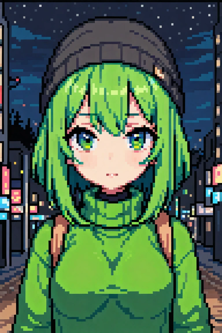 face focus, cute, masterpiece, best quality, 1girl, green hair, sweater, looking at viewer, upper body, beanie, outdoors, night, turtleneck  <lora:Pixel_Art_XL:0.8>