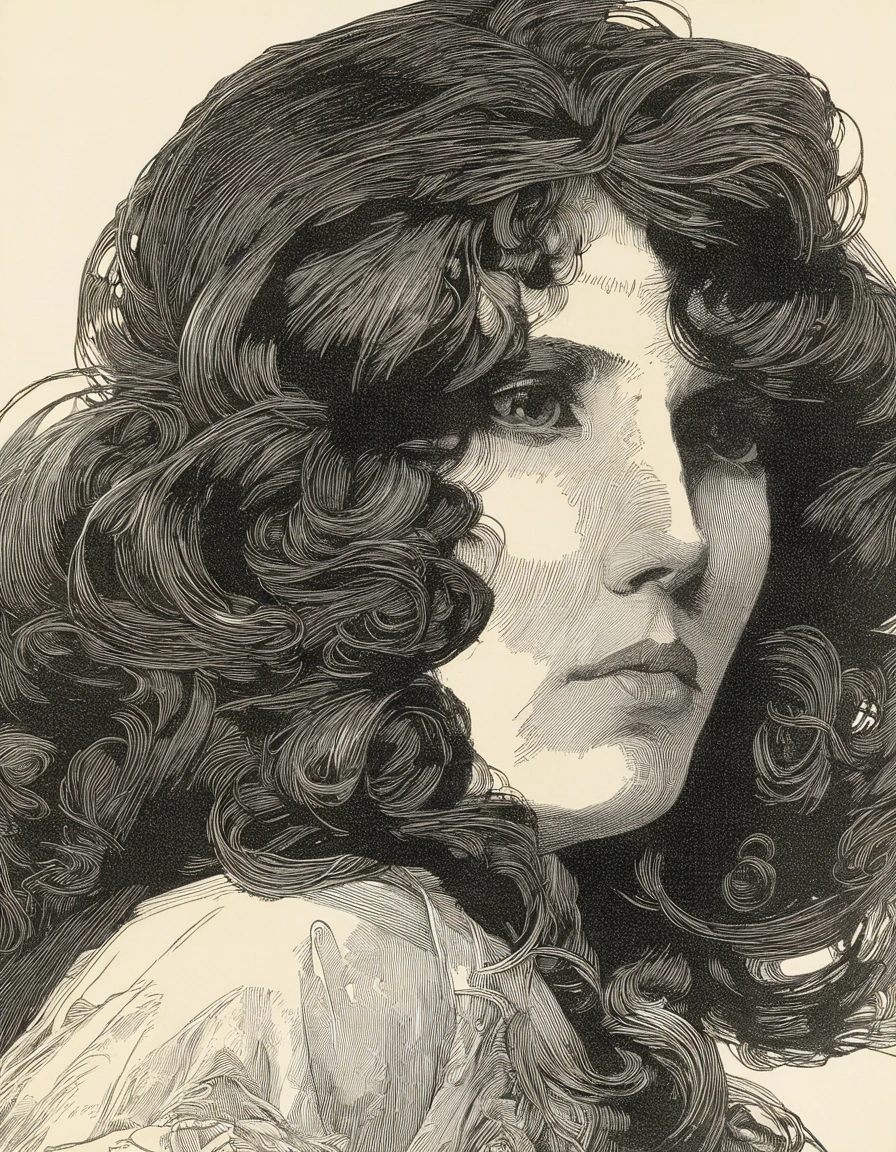 franklin booth style, woman, close up, face, long hair, lithograph <lora:franklin_booth_style_sdxl_v16-000013:1>