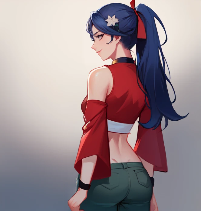 cowboy shot, solo, simple background, <lora:shiraizumiTamako(MMBN):0.5>, shiraizumi_tamako, long hair, navel, pants, midriff, green pants, red choker, smile, crop top, hair ornament, tank top, blue hair, long ponytail, red coat, wide sleeves, white tank top, wristband, from behind, highres, Digital art, trending on artstation, best quality, insanely detailed, masterpiece, stunning environment, wide-angle,