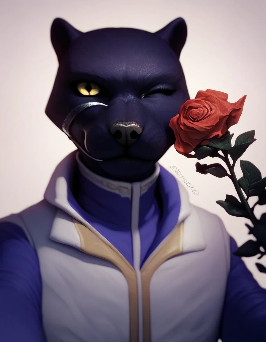 score_9, score_8_up, score_7_up, score_6_up, score_5_up, score_4_up,  <lora:Panther_Caroso:1> panther caroso, holding rose, wink, looking at viewer, pov, source_furry,