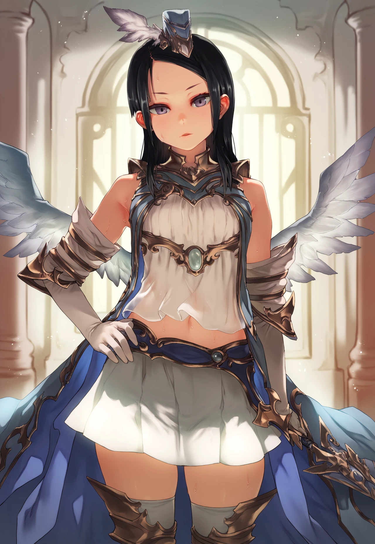 asanagi,  (score_9, score_8_up, score_7_up, :1.2)  detailed, highres, absurdres, a girl standing indoors in a pose, 1girl,   solo, standing, looking at viewer, pose, hand on hip, contrapposto , indoors,
purple eyes, [[glowing feathered wings]], waist cape, faulds, showgirl skirt, lying, on back, on ground, sweat, hat, parted bangs, long hair, black hair, grey eyes, skirt, white skirt, transparent, see-through, midriff, thighhighs, gloves, detached sleeves, armor, petite, small breasts, 
[[hands]], rating_safe   <lora:sdxl_asanagi_v1:0.5>     <lora:ElanaPonyTest:1>