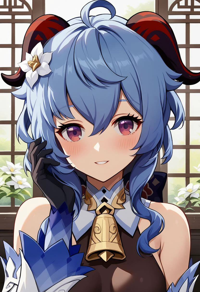 ganyu, 1girl, blue hair, solo, horns, hair ornament, looking at viewer, purple eyes, hair flower, flower, bell, ahoge, detached sleeves, bare shoulders, blush, window, long hair, parted lips, gloves, neck bell, smile, upper body, white flower, sidelocks, medium breasts, indoors, black gloves, hand in own hair, goat horns, cowbell, zPDXL