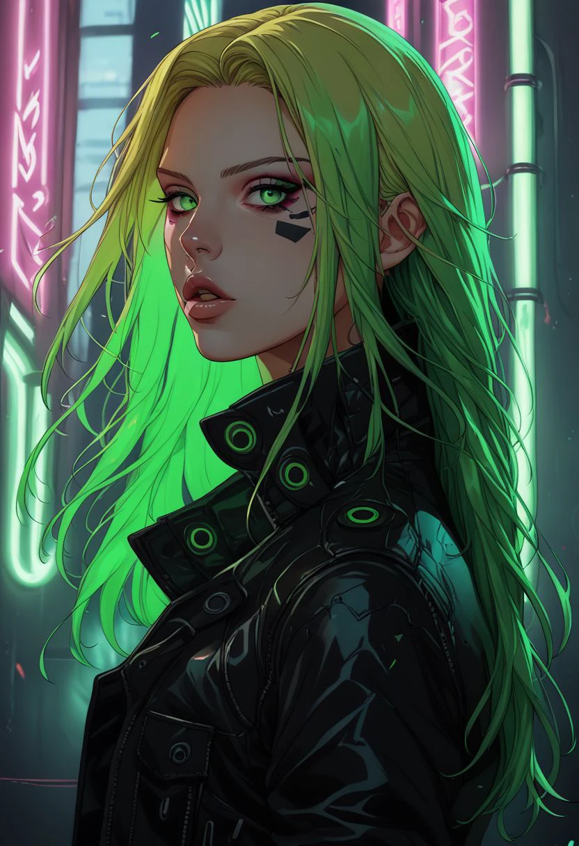 njsxzs, 1girl, solo, long hair, jacket, looking at viewer, green hair, neon lights, cyberpunk, black jacket, parted lips, upper body, makeup, blonde hair, leather jacket, lips, from side, green eyes, nose, neon, green, slime tutorial, beetlejuice inspired, underworld vibes zPDXL