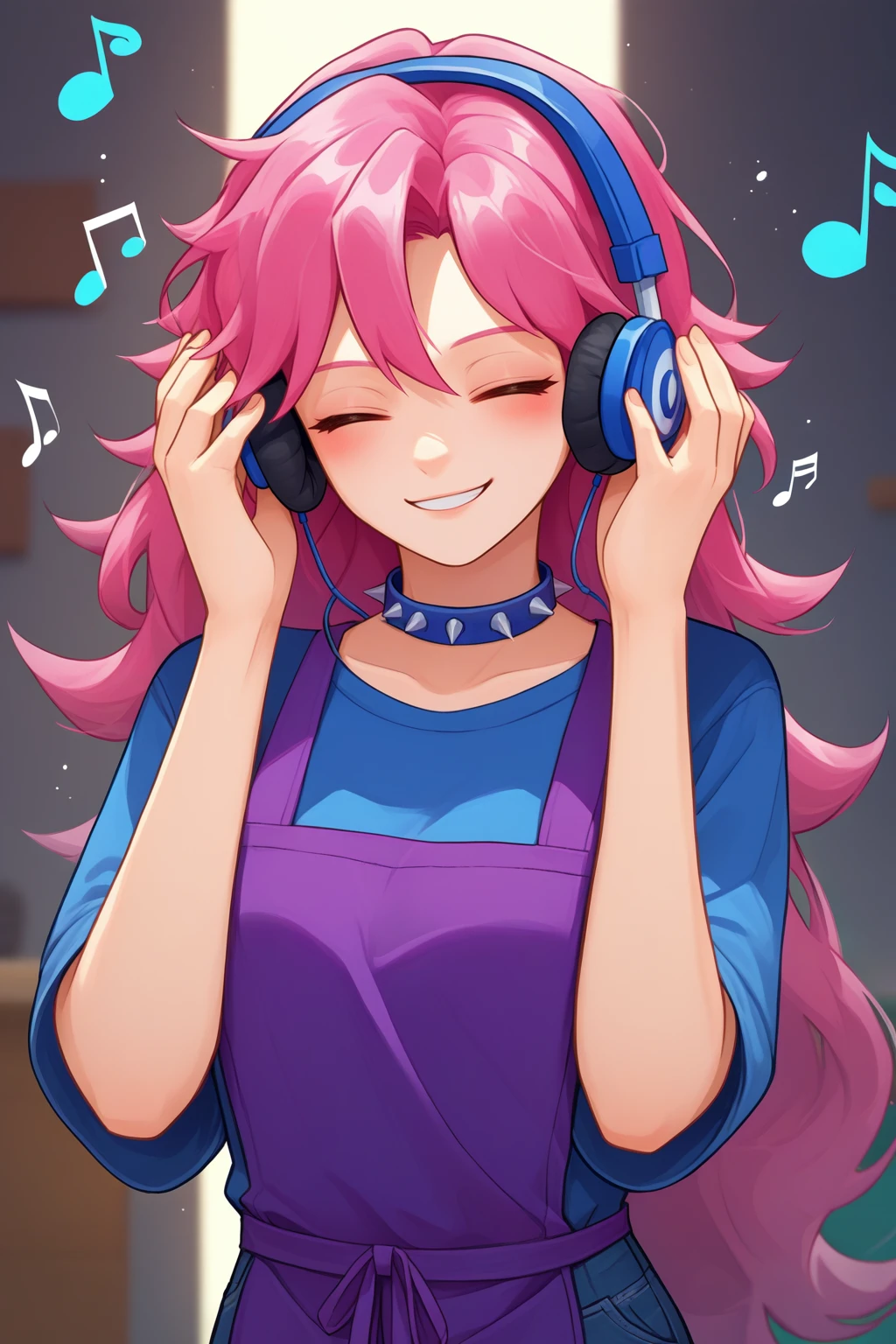 source_anime, score_9, score_8_up, 1girl, solo, <lora:NSStylistTerraria:1> NSStylistTerraria, pink hair, long hair, blue shirt, purple apron, jeans, spiked collar, headphones, music notes, hands on ears, eyes closed, slight smile