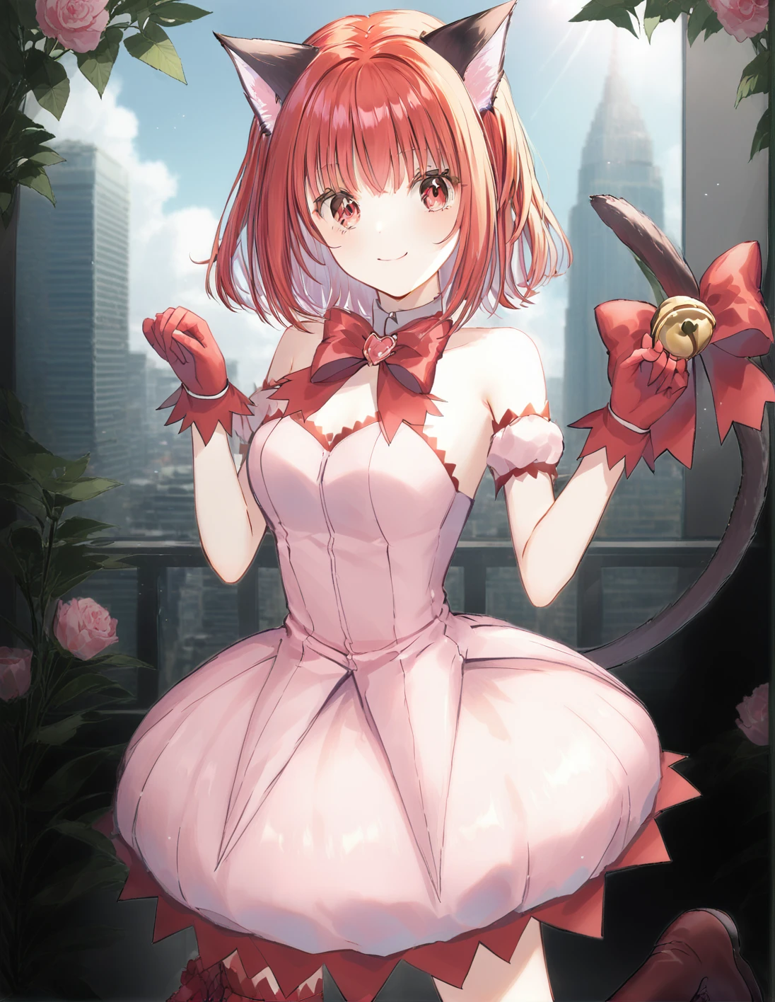 score_9, score_8_up, score_7_up, best quality, masterpiece, 4k, uncensored, prefect lighting, rating_explicit, very aesthetic, anime ,absurdres ,zPDXL, zPDXLpg,1girl, solo, <lora:sdxl-lyco-mew_ichigo-remake-ponyDiffusionV6XL-AdamW8bit-v1-1-1:1:lbw=0,0,0,0,0,0,0,0,1,1,0,0,0,0,1,1,1,1,1,1,0,0,0,0,0,0>, mew_ichigo_remake, tail bow, gloves, cat tail, red gloves, tail bell, choker, detached sleeves,pink dress, strapless, standing ,,,smile, best quality, very aesthetic, ultra-detailed, intricate details, 4k,BREAK on top of a skyscraper