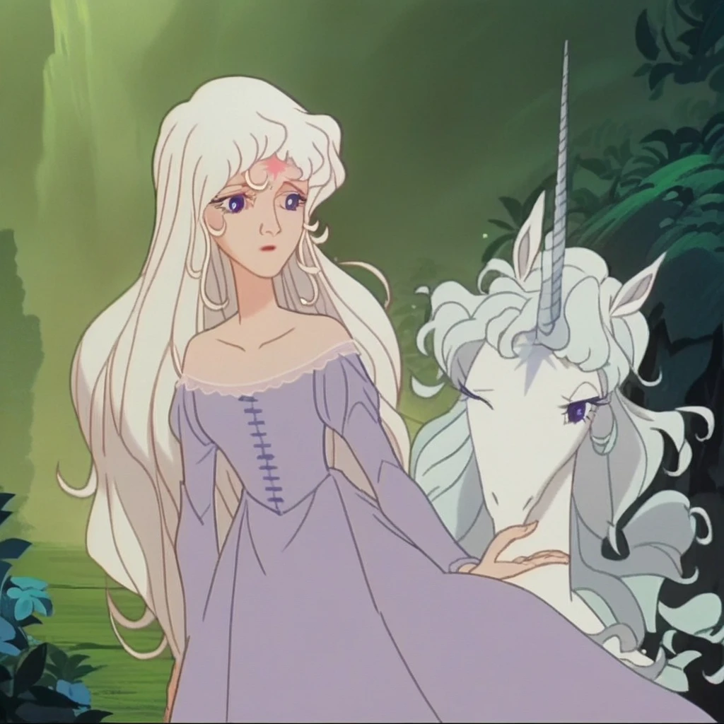 score_9, score_8_up, score_7_up, derpibooru_p_95, source_anime, very aesthetic, anime screencap, anime coloring, , amalthea, ladyamalthea, lastunicorn, 1girl, creature and personification, unicorn form