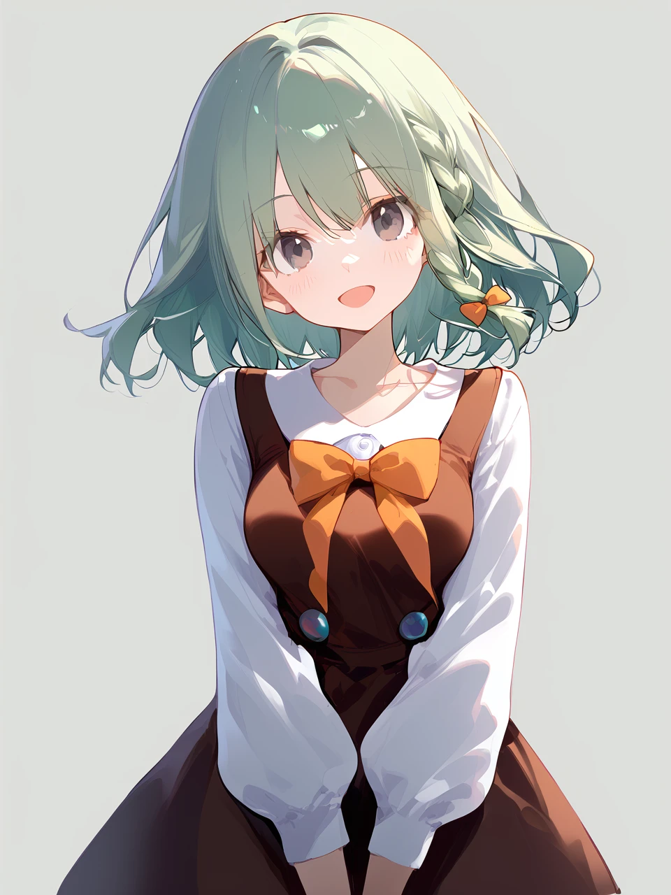 1girl,
simple background, white background, smile, bow, head tilt, pleated dress, solo, pinafore dress, breasts, white shirt, side braid, single braid, shirt, collarbone, medium hair, cowboy shot, medium breasts, sleeveless, open mouth, orange bow, grey eyes, eyes visible through hair, :d, hair bow, brown dress, dress, v arms, long sleeves, hair between eyes, sleeveless dress, braid, looking at viewer, light green hair, blush,
score_9