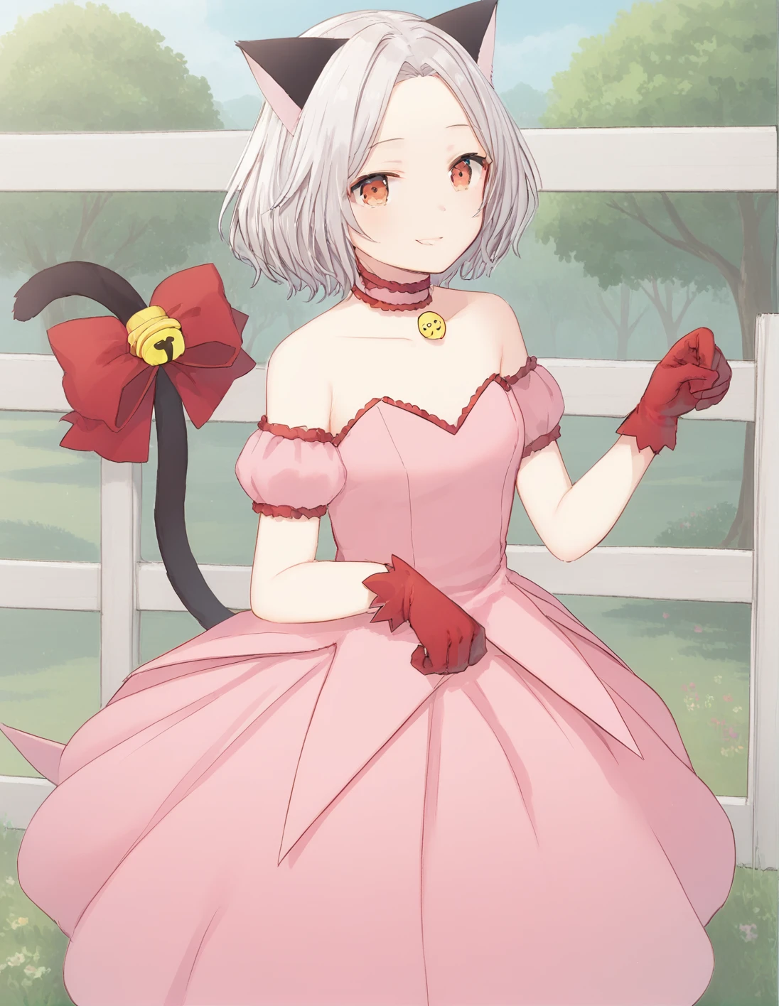 score_9, score_8_up, score_7_up, best quality, masterpiece, 4k, uncensored, prefect lighting, rating_explicit, very aesthetic, anime ,absurdres ,zPDXL, zPDXLpg,1girl, solo, <lora:sdxl-lyco-mew_ichigo-cosplay-ponyDiffusionV6XL-v1:1>, mew_ichigo_cosplay, parted hair, platinum blone hair, tail bow, gloves, cat tail, red gloves, tail bell, choker, detached sleeves,pink dress, strapless, standing ,,,smile, best quality, very aesthetic, ultra-detailed, intricate details, 4k,BREAK on a farm