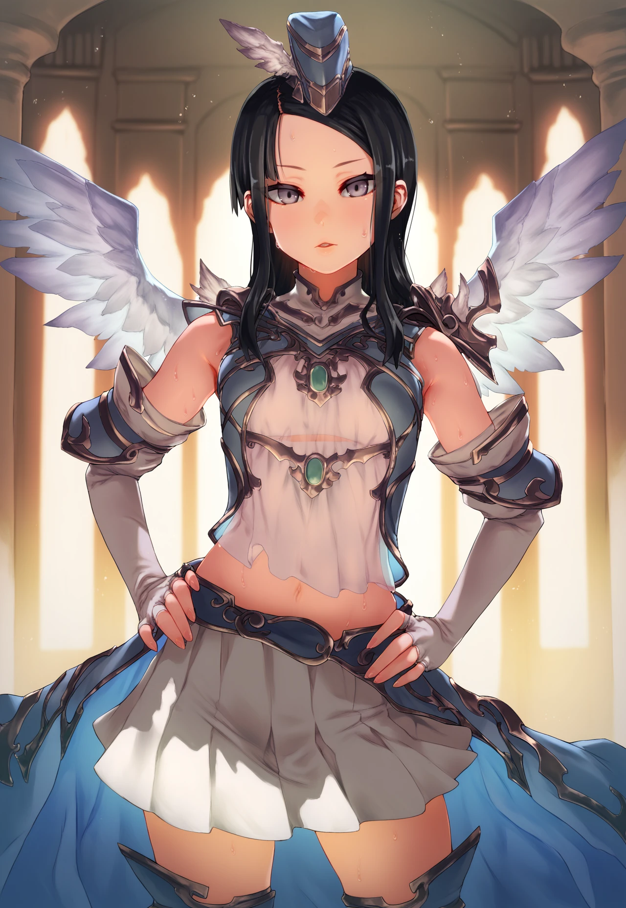 asanagi,  (score_9, score_8_up, score_7_up, :1.2)  detailed, highres, absurdres, a girl standing indoors in a pose, 1girl,   solo, standing, looking at viewer, pose, hand on hip, contrapposto , indoors,
purple eyes, [[glowing feathered wings]], waist cape, faulds, showgirl skirt, lying, on back, on ground, sweat, hat, parted bangs, long hair, black hair, grey eyes, skirt, white skirt, transparent, see-through, midriff, thighhighs, gloves, detached sleeves, armor, petite, small breasts, 
[[hands]], rating_safe   <lora:sdxl_asanagi_v1:0.5>     <lora:ElanaPonyTest:1>