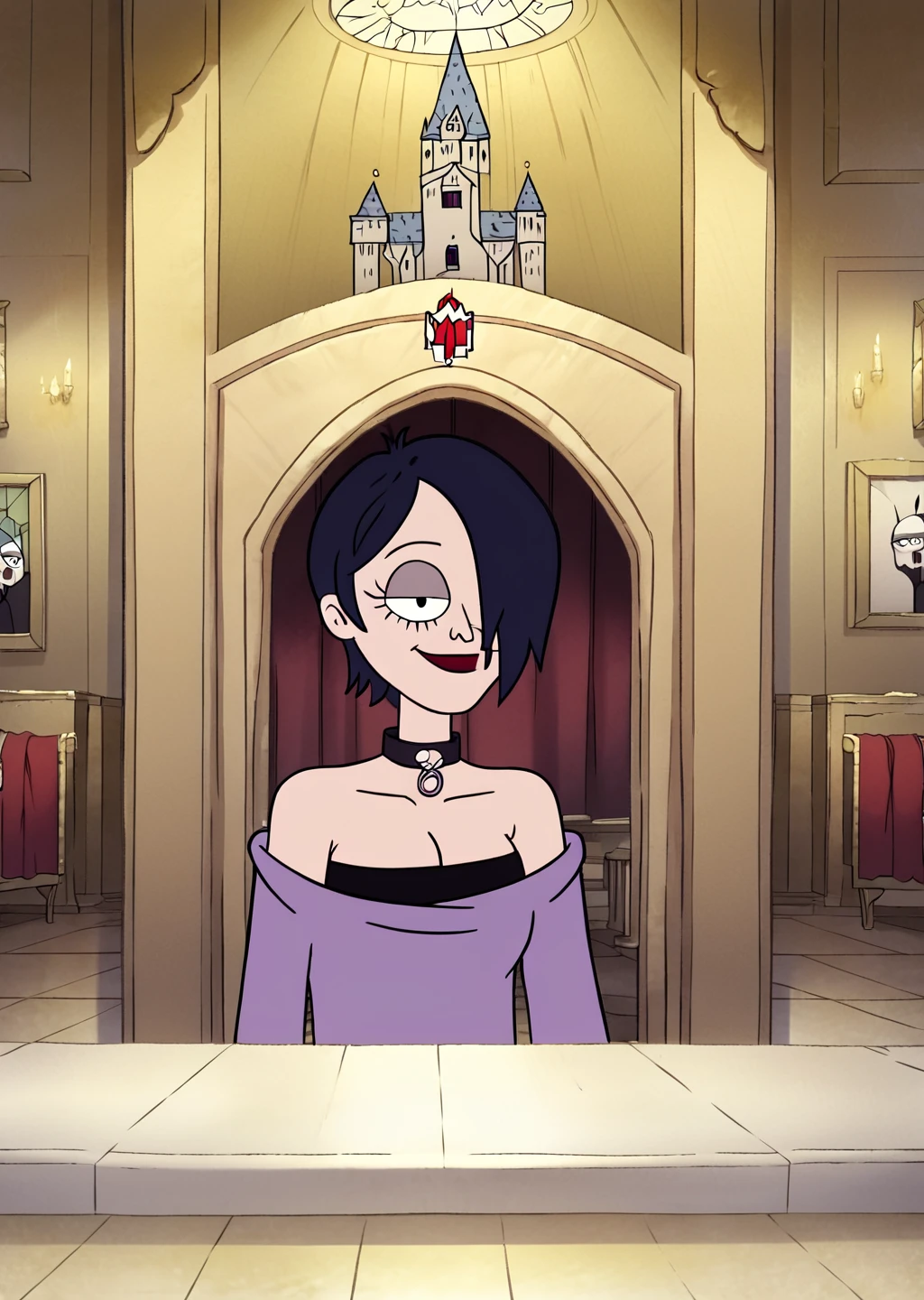 score_9, score_8_up, score_7_up, score_6_up, <lora:Regular_Show_Style:0.8>, regularshow, Detailed Background, BREAK
<lora:Carrie_Rosenburg:0.8>, 1girl, Carrie,
Indoors, castle, coffin, smile, parody style, cartoon,
choker, hair over one eye,