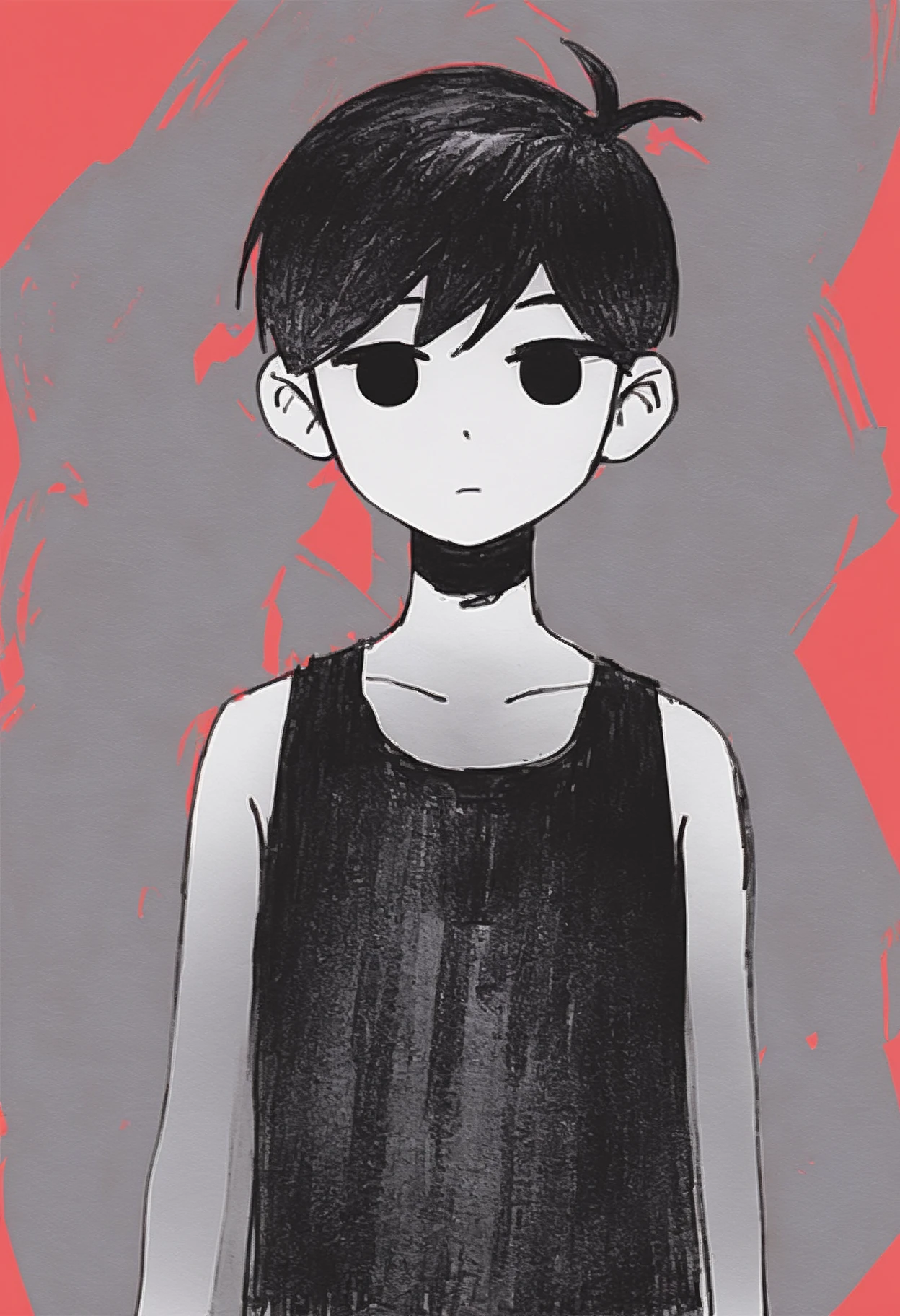 score_9, score_8_up, score_7_up, BREAK,  monochrome, greyscale, sketch, 1boy, black eyes, black hair, short hair, black tank top, closed mouth, expressionless, looking at viewer , red background  <lora:OmoriXLLoconV2:1>