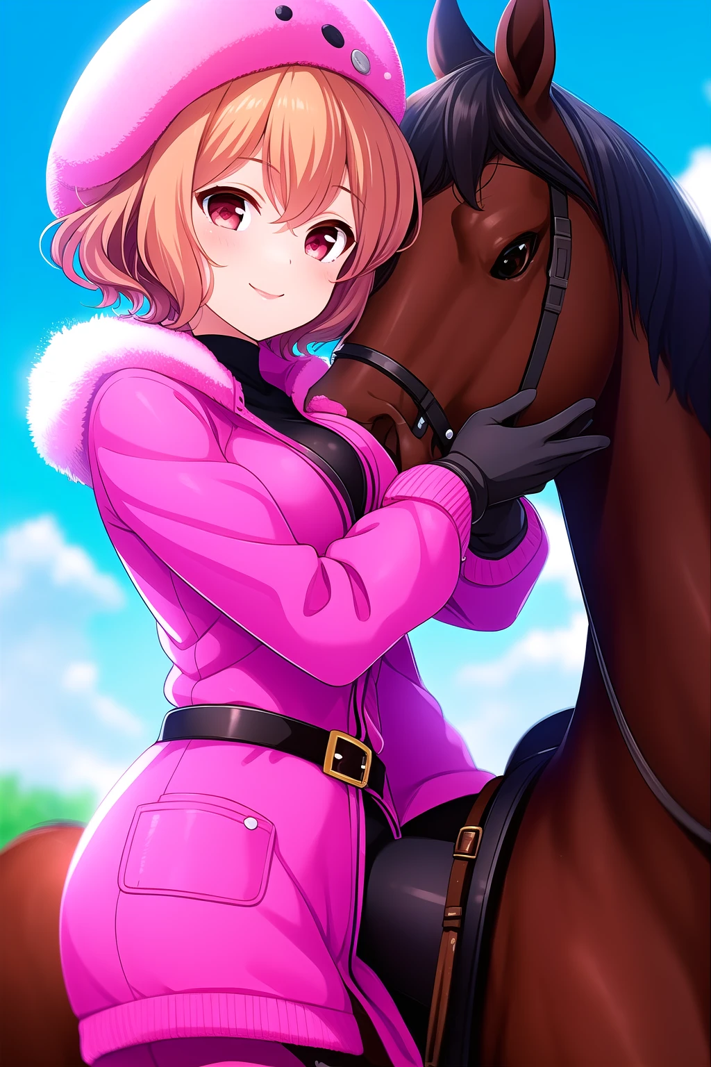 (masterpiece, best quality), highly detailed background, perfect lightingbest quality, tomuramichiru, solo, outdoors, horseback riding, hat, black headwear, orange hair, hair between eyes, short hair, red eyes, medium breasts, pink coat, pink jacket, fur trim, black gloves, belt, pink pants, smile, closed mouth, :), pink lips, <lora:Tomura-Michiru:0.7>