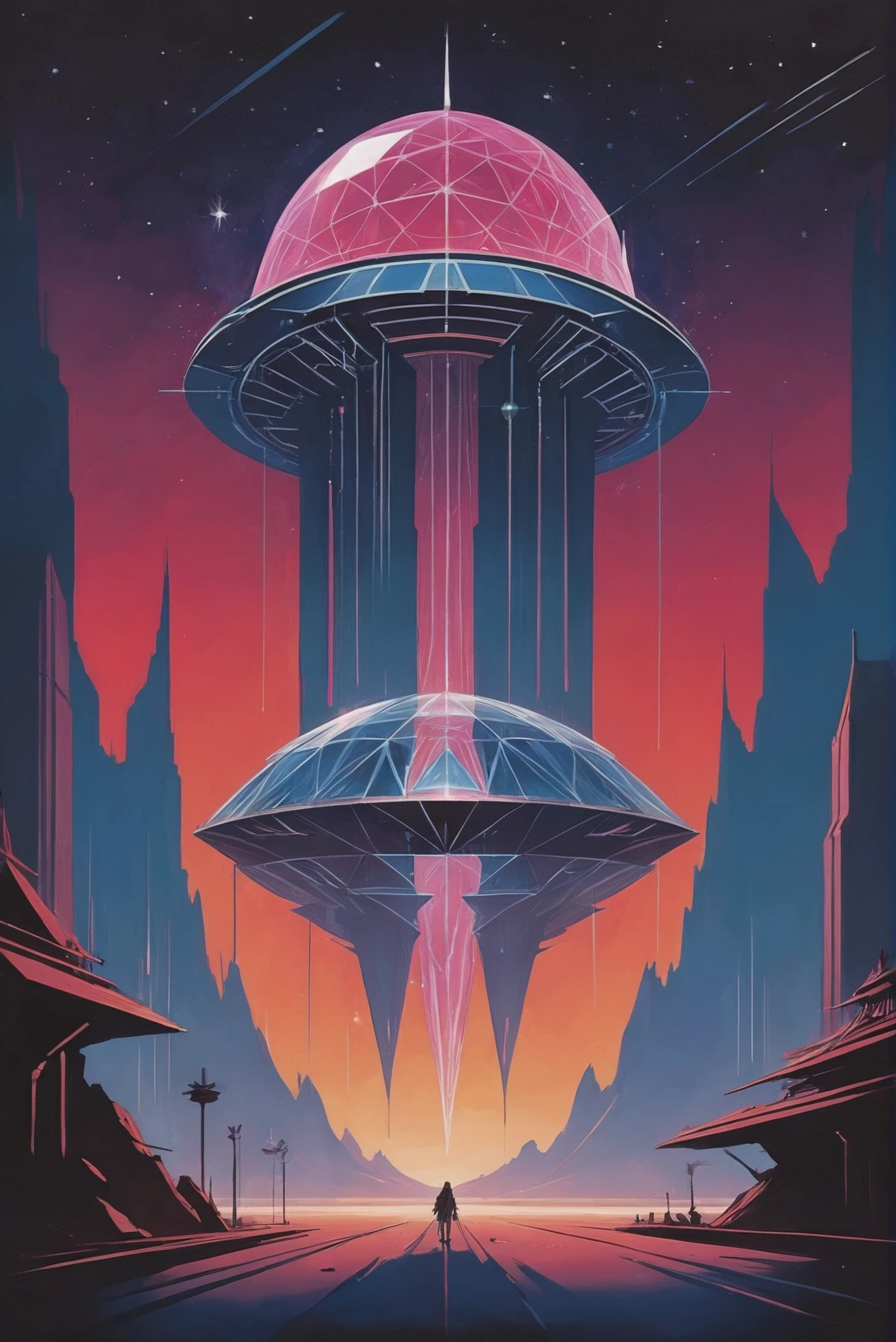 minimalist 1980s scifi poster, crystal shop in a cheerful fantasy cosmic megastructure outside of time, masterpiece, by Allen Wei<lora:EnvyStarlight80sScifiPoster01:1>