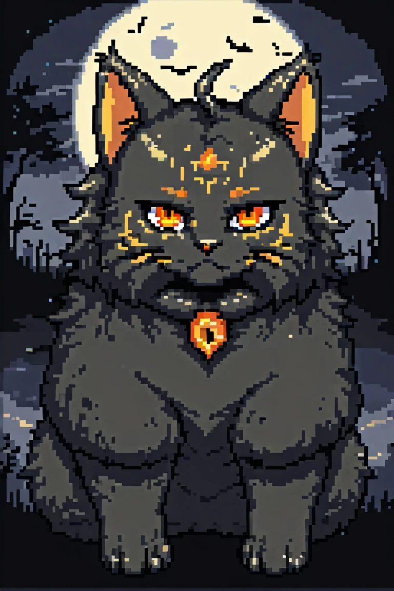 black fluffy gorgeous dangerous cat animal creature, large orange eyes, big fluffy ears, piercing gaze, full moon, dark ambiance, best quality, extremely detailed  <lora:Pixel_Art_XL:0.8>