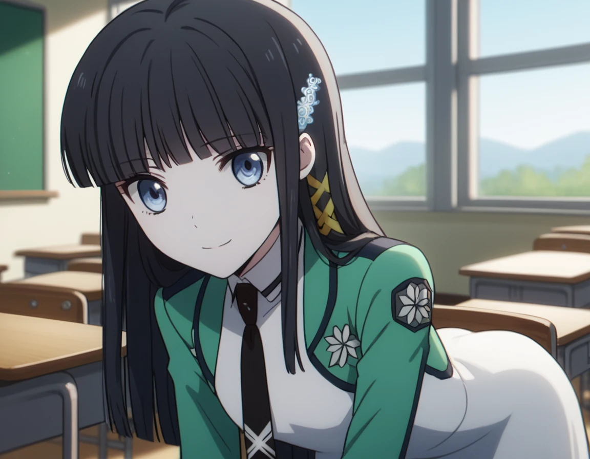 score_9, score_8_up, score_7_up, source_anime,
miyukishiba, <lora:miyuki-shiba-s2-ponyxl-lora-nochekaiser:1>,
miyuki shiba, long hair, blue eyes, black hair, hair ornament, ribbon, hair ribbon, snowflake hair ornament, bangs, blunt bangs,
long sleeves, dress, school uniform, pantyhose, necktie, white dress, black necktie,
indoors, classroom, bent over, smile,
solo, dutch angle, looking at viewer, cowboy shot,