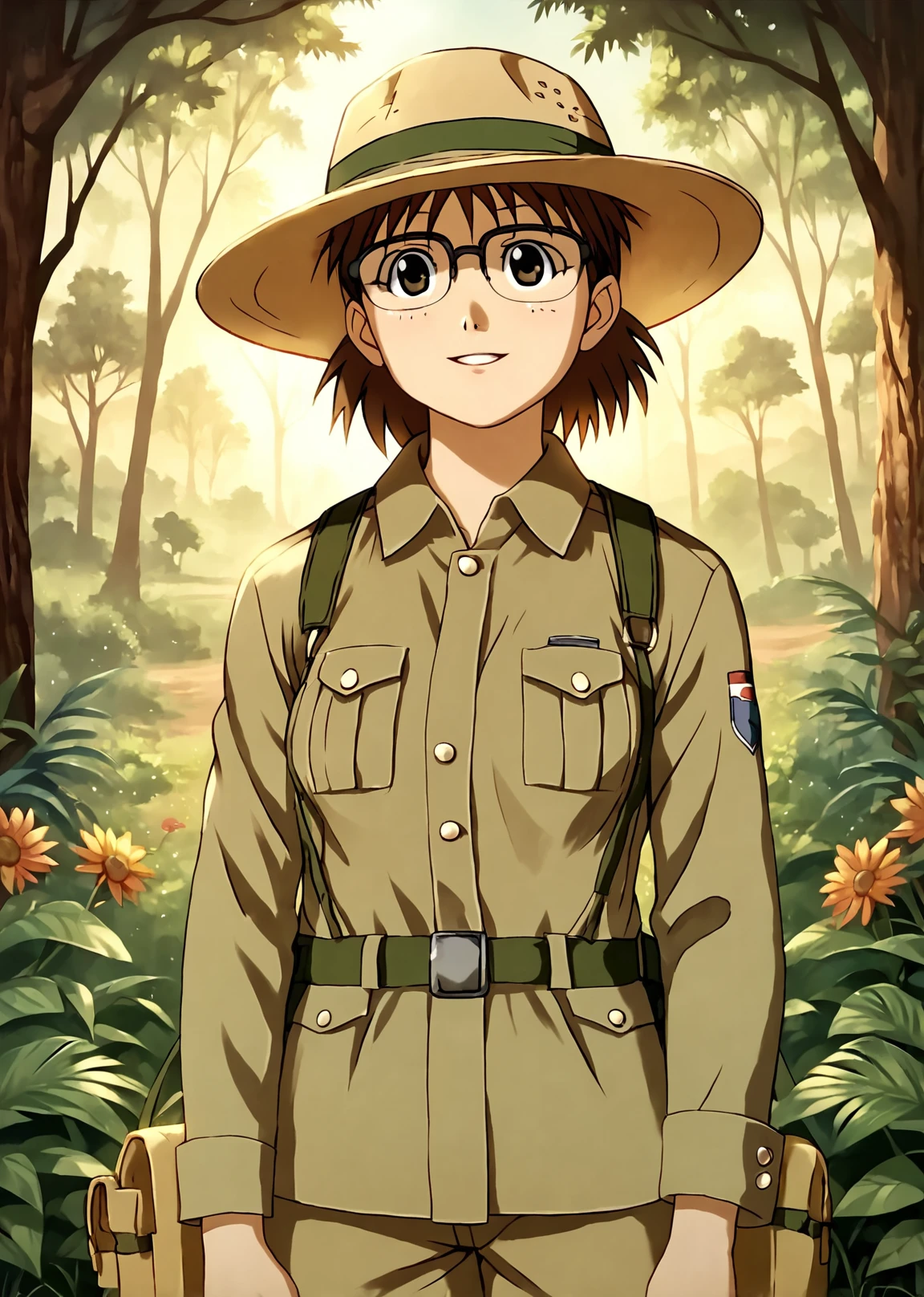 score_9, score_8_up, score_7_up, score_6_up, Detailed Background, BREAK
 <lora:Sheska:0.8>, 1girl, Sheska, brown hair, glasses, safari, outback, hat