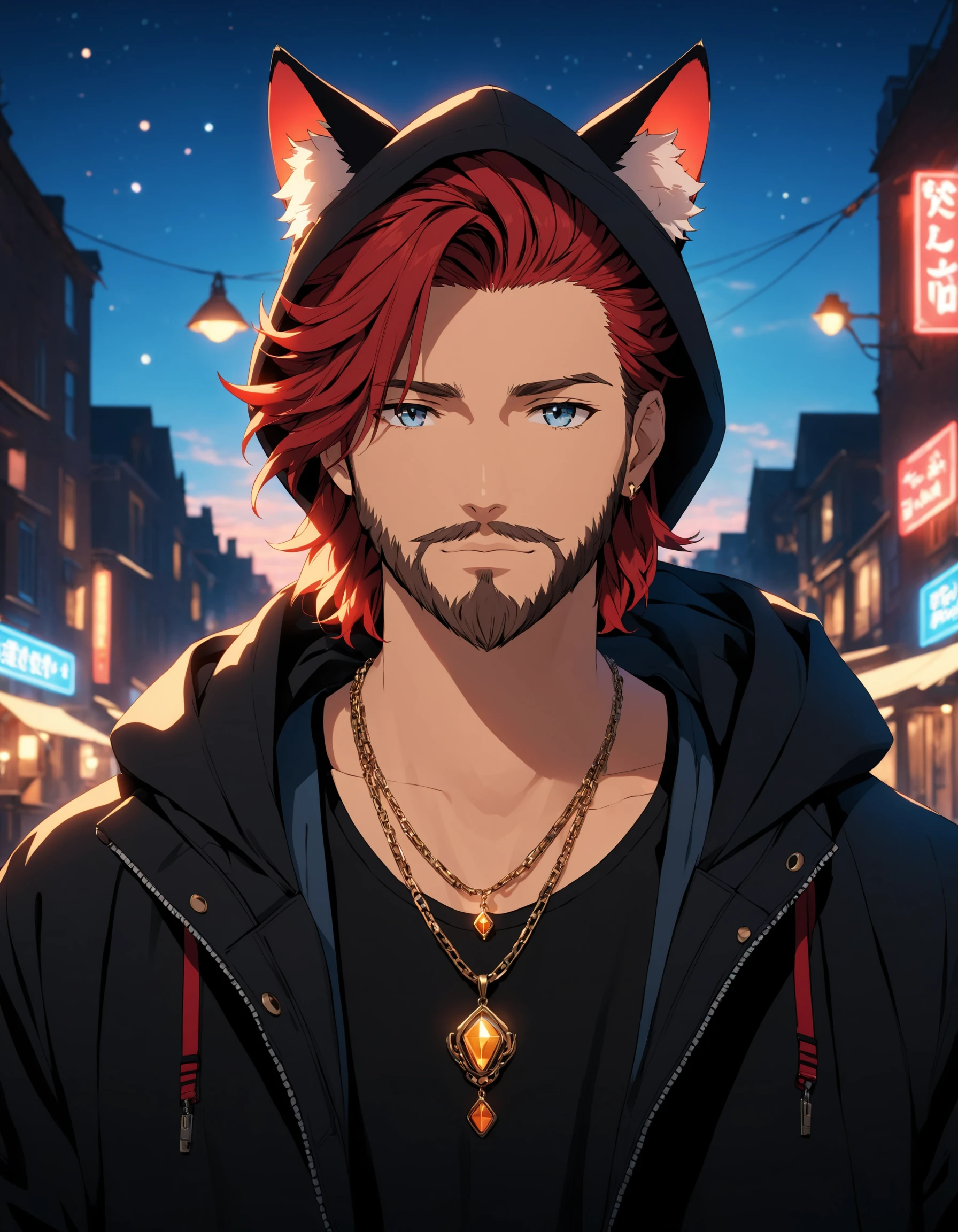 solo, long hair, looking at viewer, shirt, black hair, 1boy, animal ears, jewelry, collarbone, jacket, yellow eyes, upper body, male focus, red hair, outdoors, open clothes, sky, cloud, cat ears, hood, necklace, black jacket, animal ear fluff, parted bangs, black shirt, facial hair, hood down, hooded jacket, beard, pendant, stubble, cinematic angle, cinematic lighting, masterpiece, official art, LuT_BR_Neon LuT_RBR