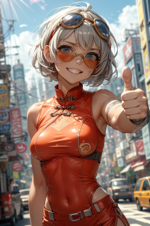best quality, masterpiece, upper body, mature female, solo, blush, grin, High cheekbones, athletic build, (round face:1.2),(small round sunglasses), blue eyes, pixie cut hair, ash gray hair, full bust, (thumbs_up, five finger:1.2), pink cheongsam, city, sunbeams, blurred background <lora:more_details:0.4>, <lora:xuer dieselpunk_20240216222938:0.6> xuer dieselpunk