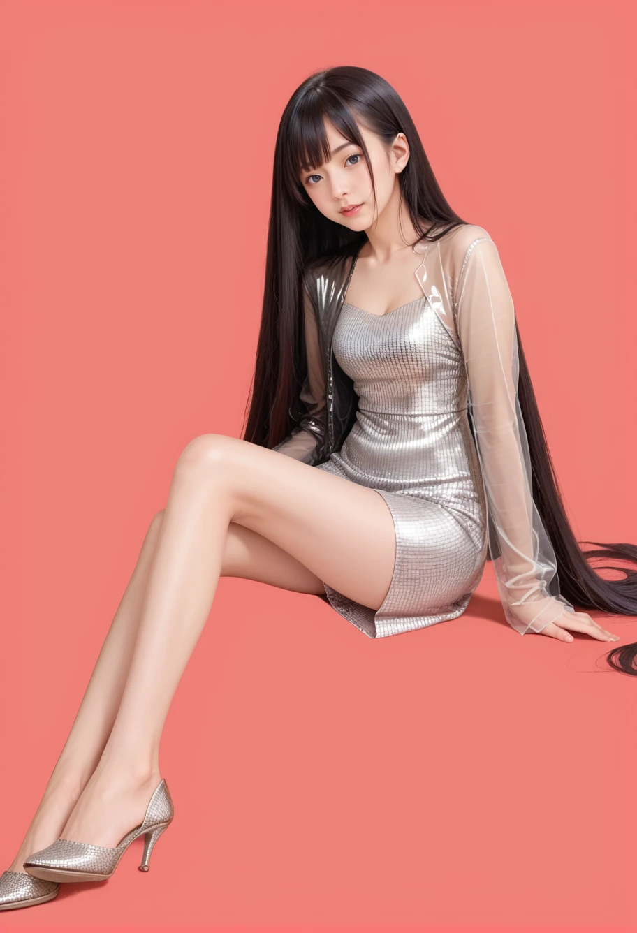 score_9,score_8_up,score_7_up,long legs,
very long hair,black hair,1girl,solo,(((red background))),sitting on rock,,ruanyi0464,dress,long sleeves,see-through Jacket,silver drees,<lora:0464 Sequin strappy hip dress_v1_pony:1>