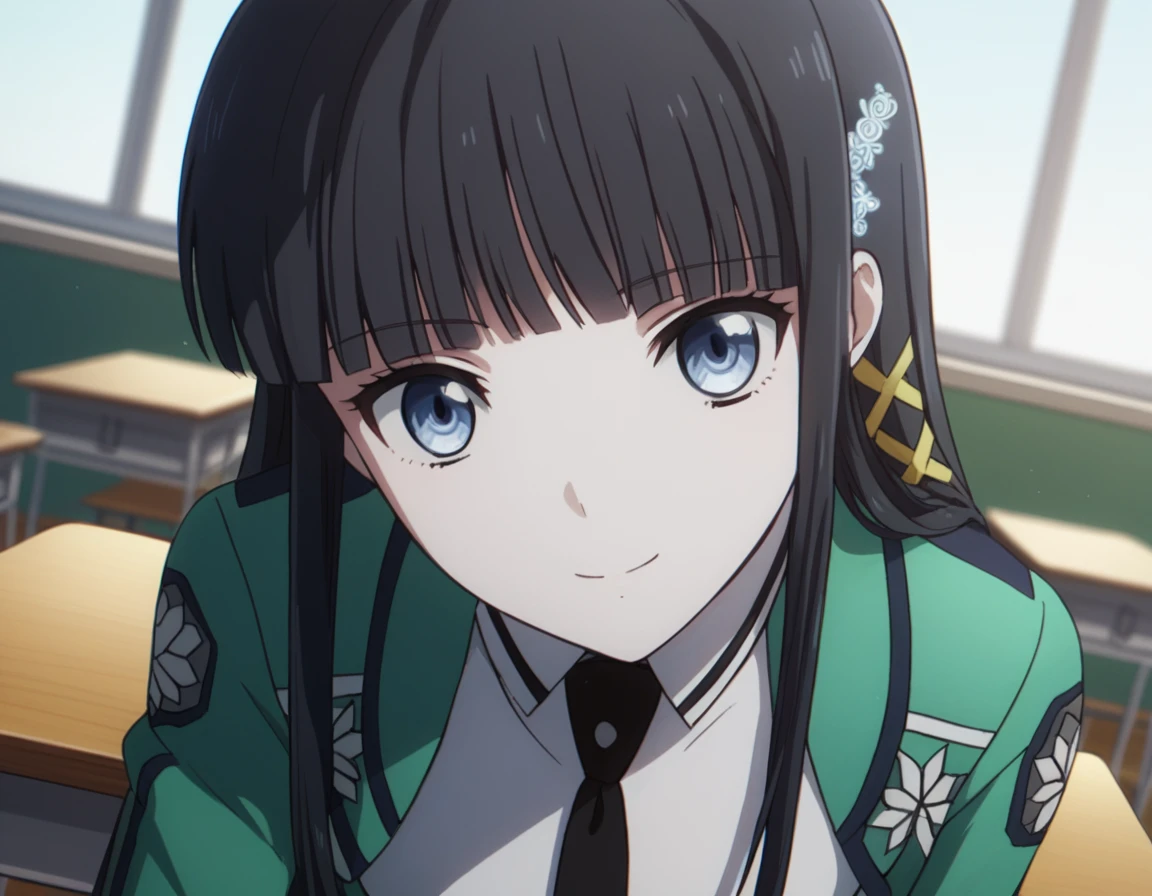 score_9, score_8_up, score_7_up, source_anime,
miyukishiba, <lora:miyuki-shiba-s2-ponyxl-lora-nochekaiser:1>,
miyuki shiba, long hair, blue eyes, black hair, hair ornament, ribbon, hair ribbon, snowflake hair ornament, bangs, blunt bangs,
long sleeves, dress, school uniform, pantyhose, necktie, white dress, black necktie,
indoors, classroom, bent over, smile,
solo, dutch angle, looking at viewer, cowboy shot,