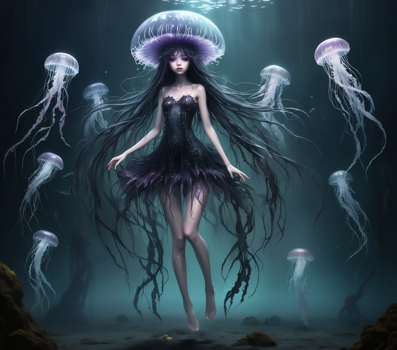 fantastical ephemeral jellyfish fairy of the underworld, dark, bleak, seaweed