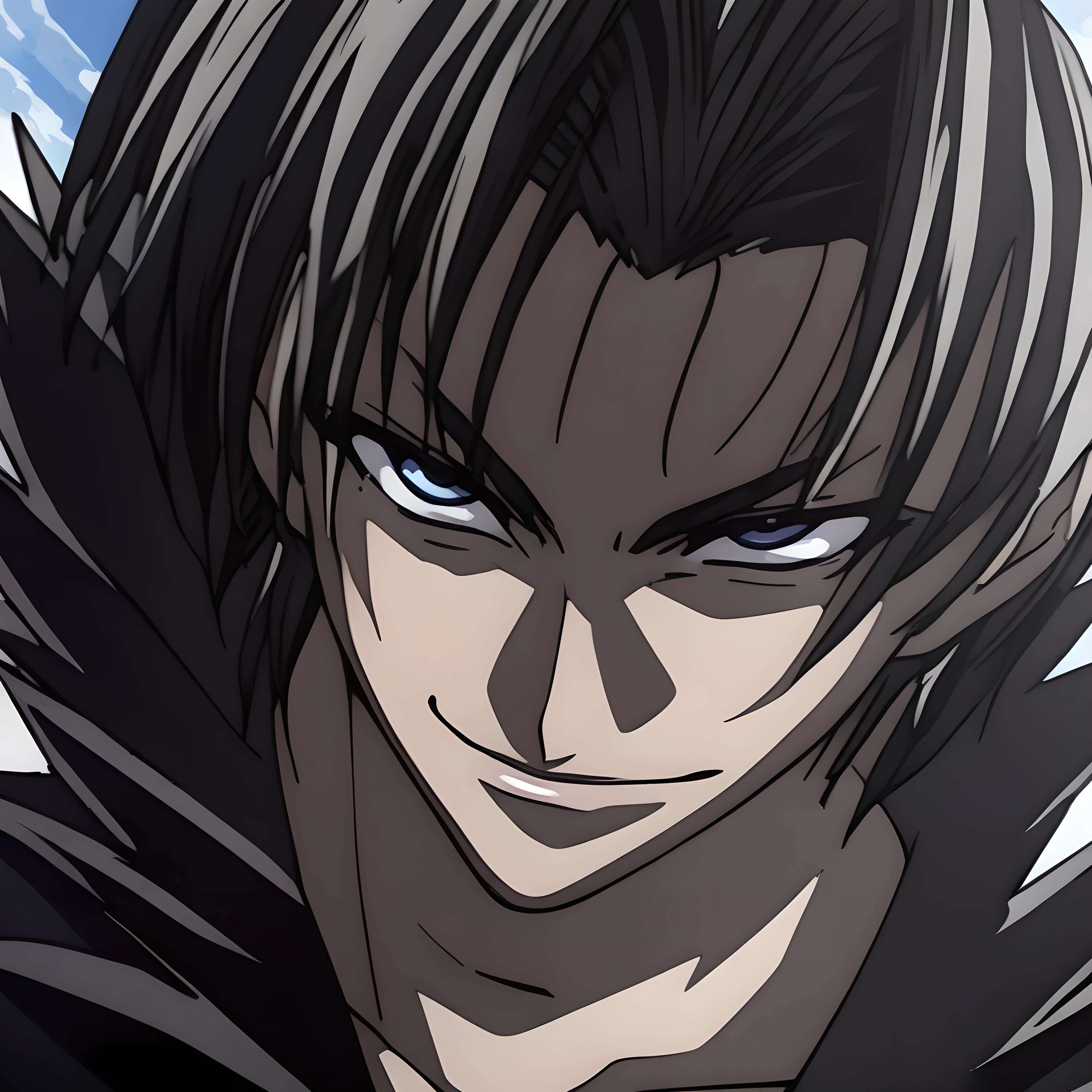 (masterpiece),(best quality),(ultra-detailed),(best illustration),(best shadow),(absurdres),(detailed background),(very aesthetic), creed diskenth, solo, close-up, looking at viewer, blue eyes, 1boy, black hair, eye focus, male focus, smirk<lora:creeddiskenthv1:1>
