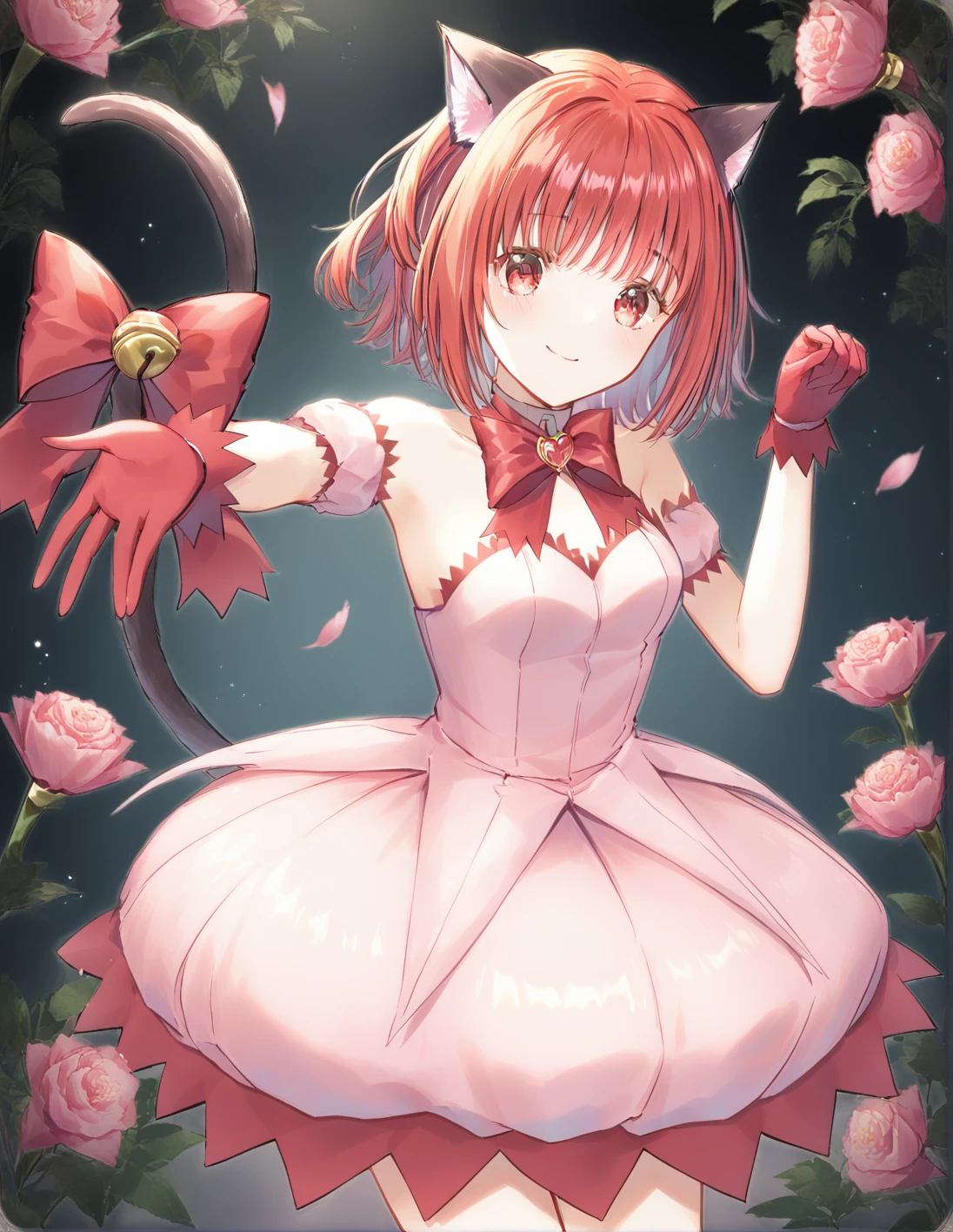 score_9, score_8_up, score_7_up, best quality, masterpiece, 4k, uncensored, prefect lighting, rating_explicit, very aesthetic, anime ,absurdres ,zPDXL, zPDXLpg,1girl, solo, <lora:sdxl-lyco-mew_ichigo-remake-ponyDiffusionV6XL-AdamW8bit-v1-1-1:1:lbw=0,0,0,0,0,0,0,0,1,1,0,0,0,0,1,1,1,1,1,1,0,0,0,0,0,0>, mew_ichigo_remake, tail bow, gloves, cat tail, red gloves, tail bell, choker, detached sleeves,pink dress, strapless, relaxed posture, elbows extended, standing, ,,smile, best quality, very aesthetic, ultra-detailed, intricate details, 4k,BREAK in a florist