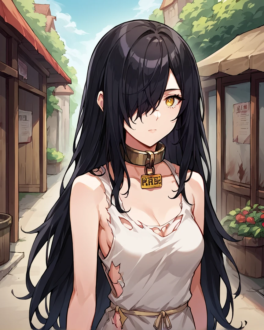 1girl, solo, black hair, long hair, hair over one eye, yellow eyes, medium breasts, white clothing, one-piece rags, torn clothing, slave collar, price tag, expressionless, outside, marketplace, <lora:Rags__Slave_clothing_Lora_Pony-000006:1>,, , score_9, score_8_up, score_7_up, score_6_up, score_5_up, score_4_up, source_anime,masterpiece,