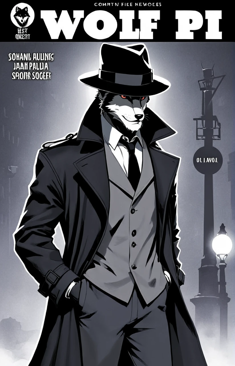 a comic book cover of a wolf wearing a fedora and trench coat, text " WOLF PI", outline, best quality, masterpiece,   <lora:cbcmkrsdxl:1>, cbcmkrsdxl, comics logo , noir , mystery,