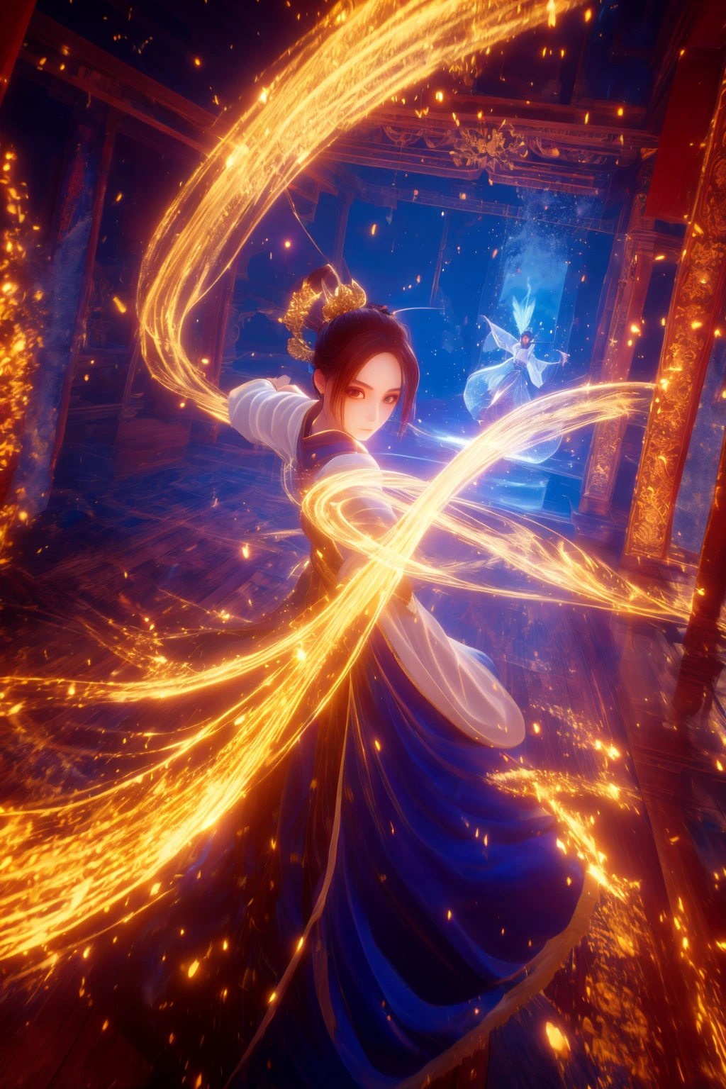 golden-aura,using golden-magic,golden-magic,ancient-costume,dancing,fighting stance,1girl,solo,<lora:magic_fighting_golden_768_dreamshaper_8:0.8>,