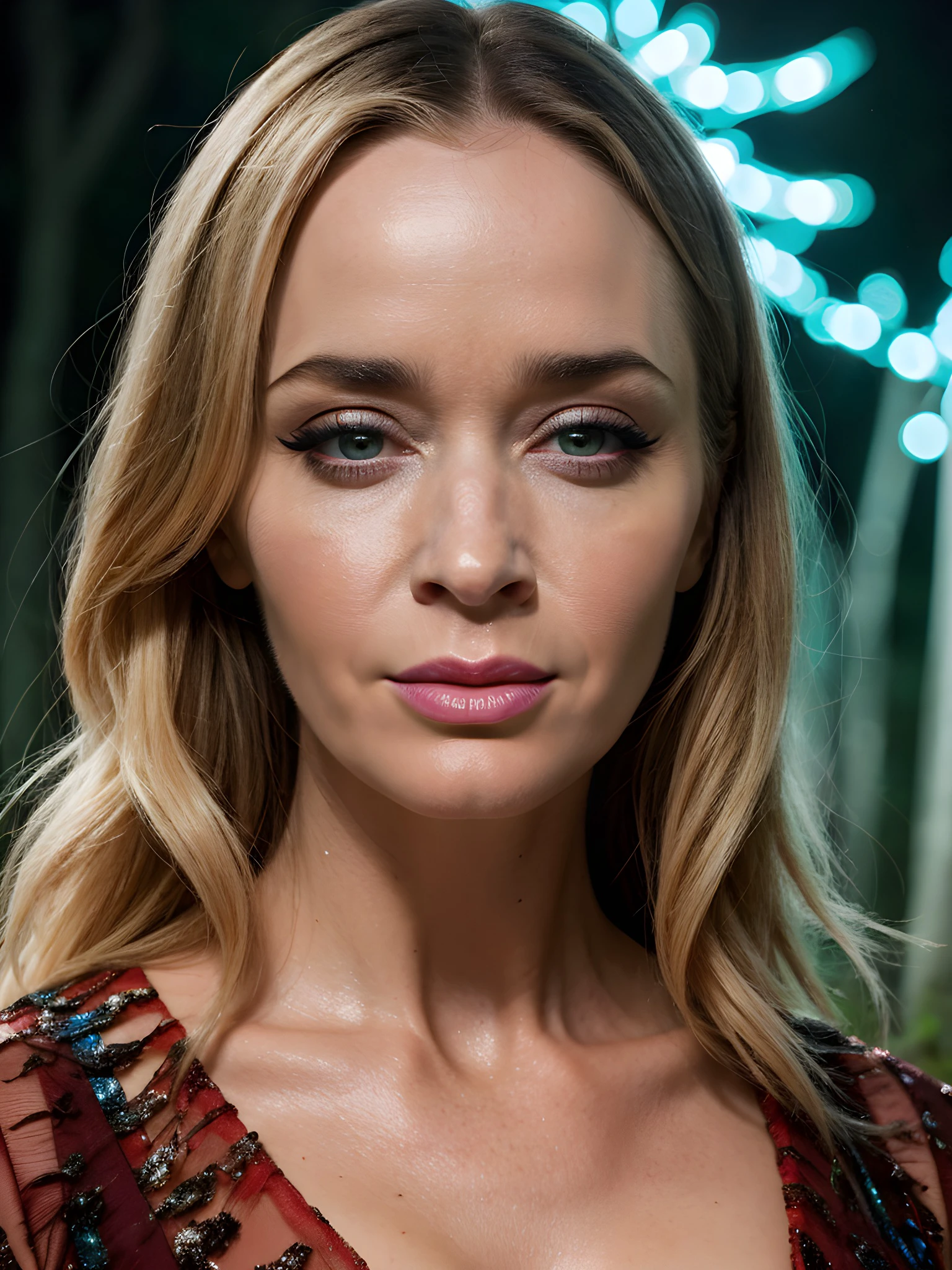 close-up photo of 3m1lyBlunt_V1-Emb , parted lips, surprised, makeup, mascara, eyeshadow, in the middle of a fantasy mushroom forest at night, 8k uhd, high quality, dramatic, dramatic lighting, realistic , lifelike texture