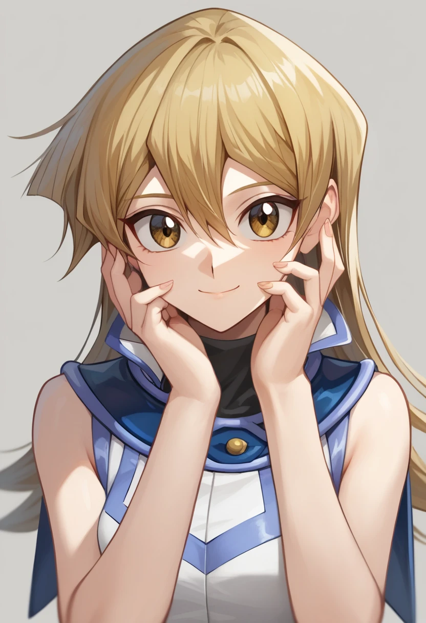 score_9,score_8_up,score_7_up,<lora:tenjouin_asuka_pony:1>,1girl, bare_shoulders, blonde_hair, buttons, closed_mouth, commentary_request, duel_academy_uniform_\(yu-gi-oh!_gx\), fingernails, hands_on_own_cheeks, hands_up, light_smile, long_hair, looking_at_viewer, simple_background, solo, tenjouin_asuka, upper_body