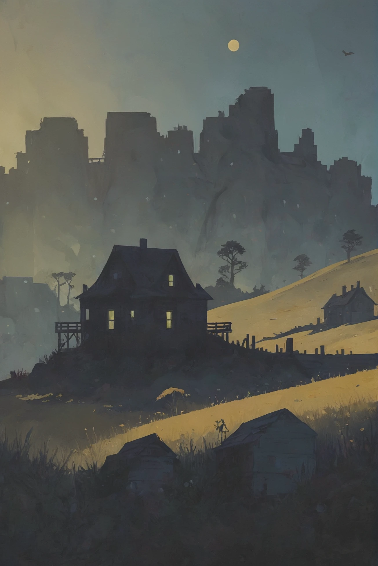 minimalist poster, minimalism, duotone goldenrod and matte indigo, ghostly,dilapidated fantasy settlement in a Montane Grasslands<lora:EnvyStarlightMinimalistPosterArt01:1.2>