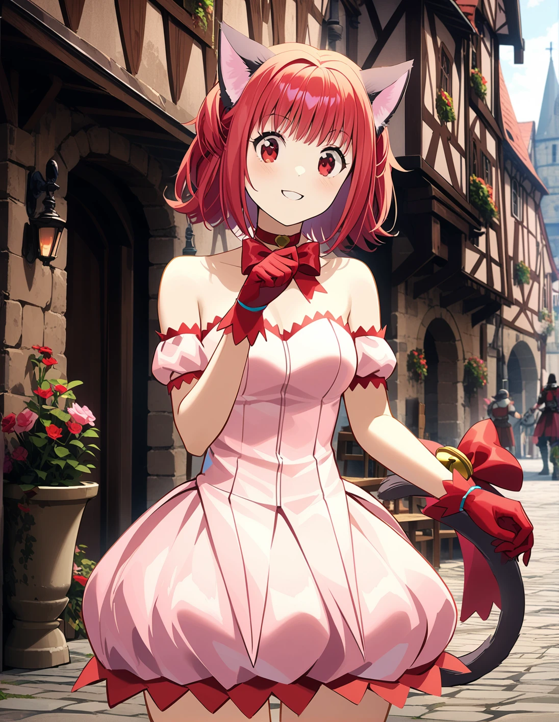 1girl, solo, <lora:sdxl-lyco-mew_ichigo-remake-animagine_xl_3_1-v1:1>, mew_ichigo_remake, tail bow, gloves, cat tail, red gloves, tail bell, choker, detached sleeves,pink dress, strapless, relaxed posture, elbows extended, standing, ,,smile, best quality, very aesthetic, ultra-detailed, intricate details, 4k,BREAK in a medieval town